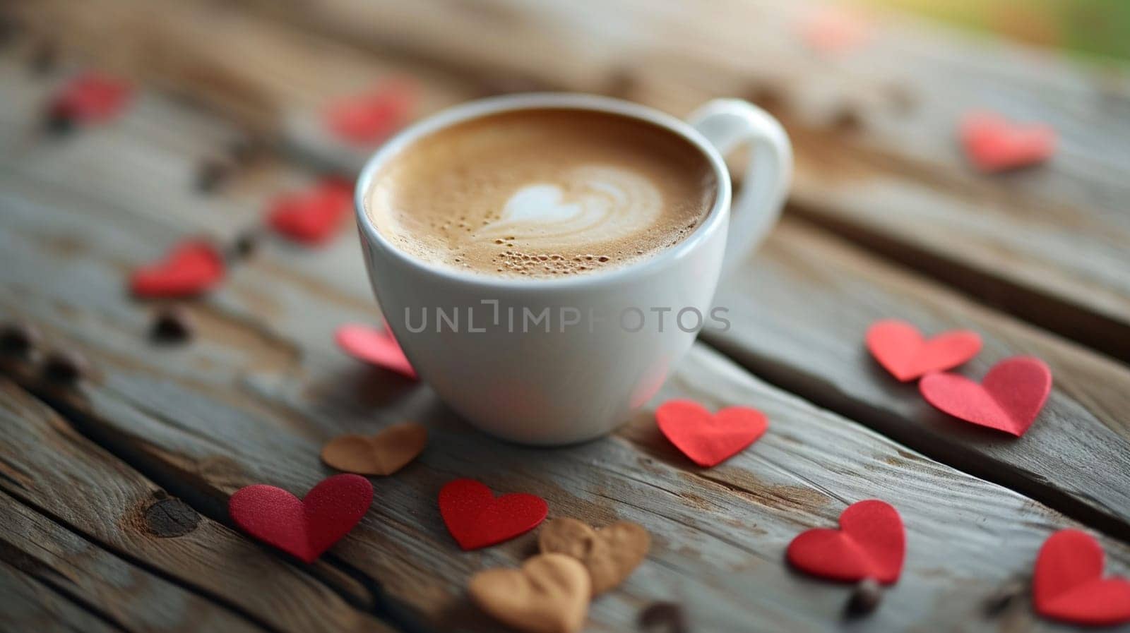 cup of coffee on a wooden background with hearts on a wooden background, Generative AI, by mila1784