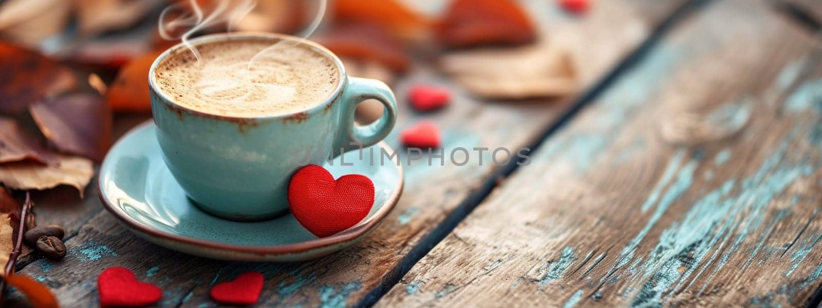 cup of coffee on a wooden background with hearts on a wooden background, Generative AI, by mila1784