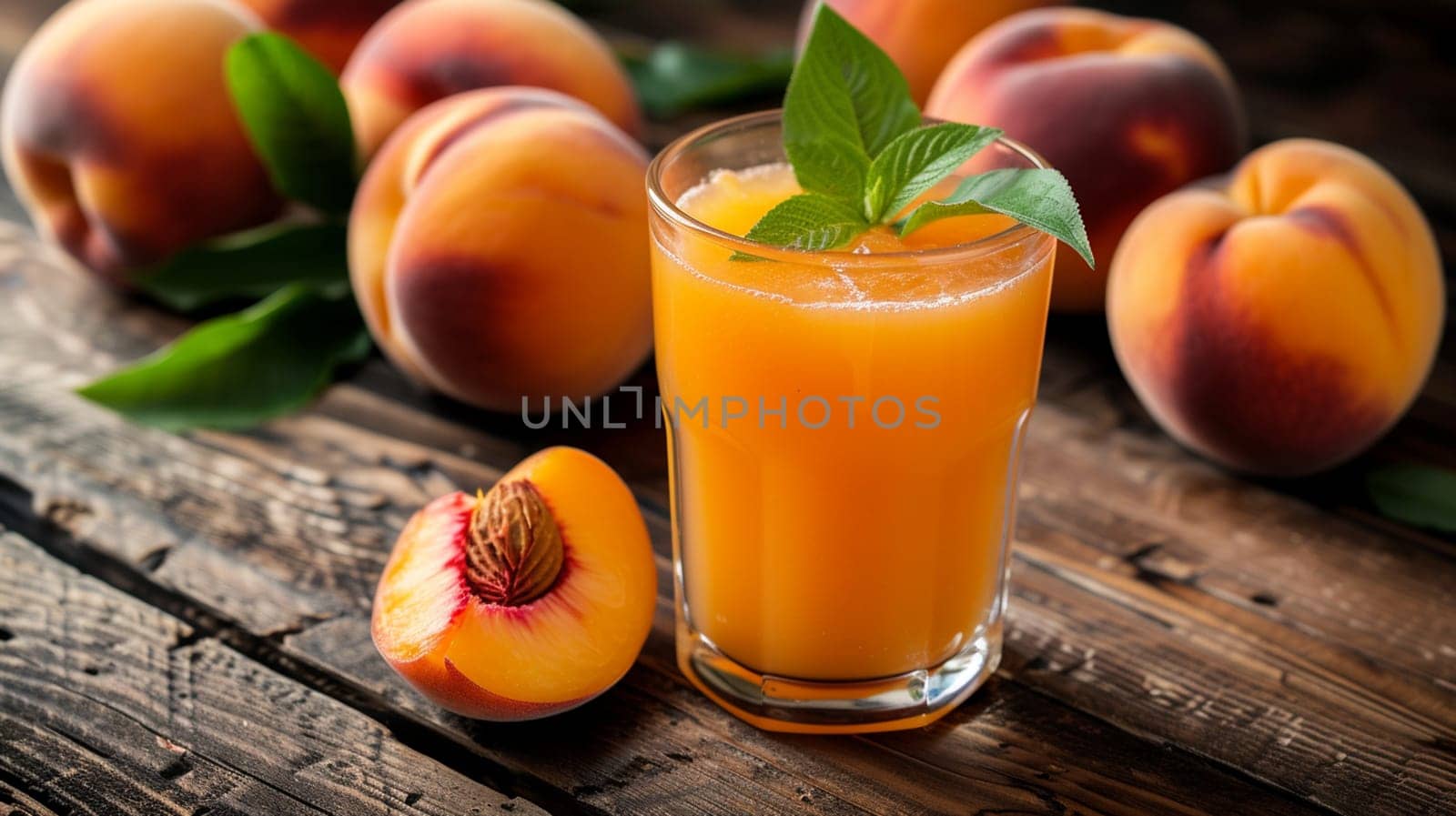 Glass of delicious peach juice and fresh fruit on a wooden table, drink, Generative AI,