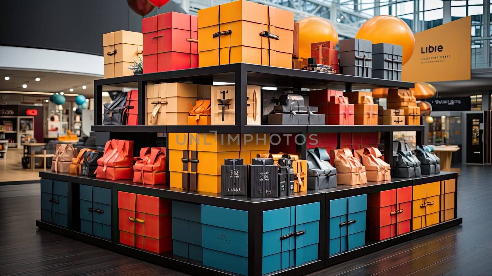 There are many festive gift boxes in the store, boxes of different sizes, AI by AnatoliiFoto