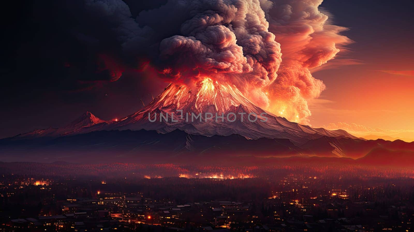 large volcanic eruption with a large release of smoke and ash, at the foot of the volcano city, river, natural disaster, Generative AI