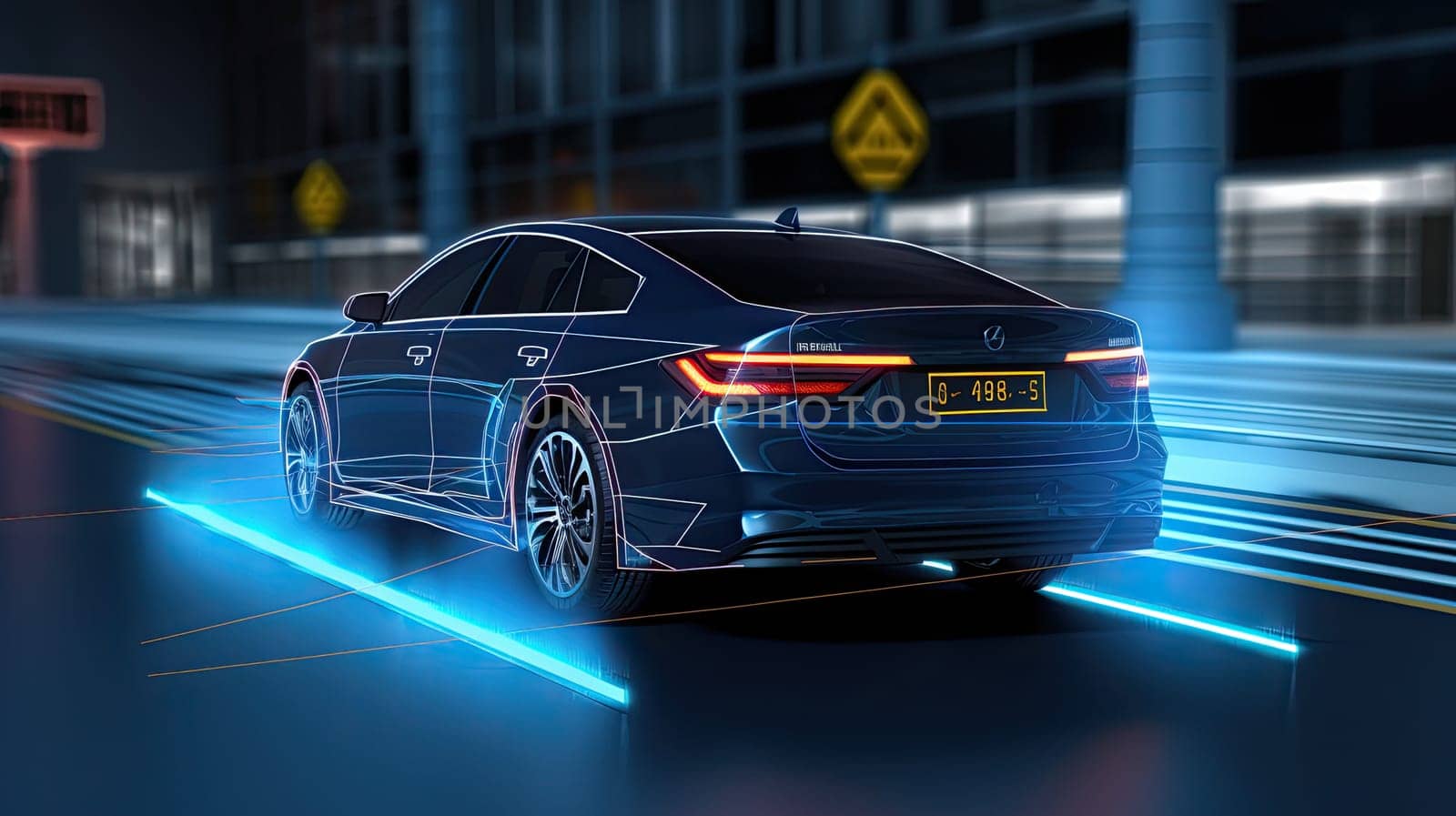 Electronic safety of the car on the road in the city. connected cars, with IoT and smart technologies, neon. Generative ai