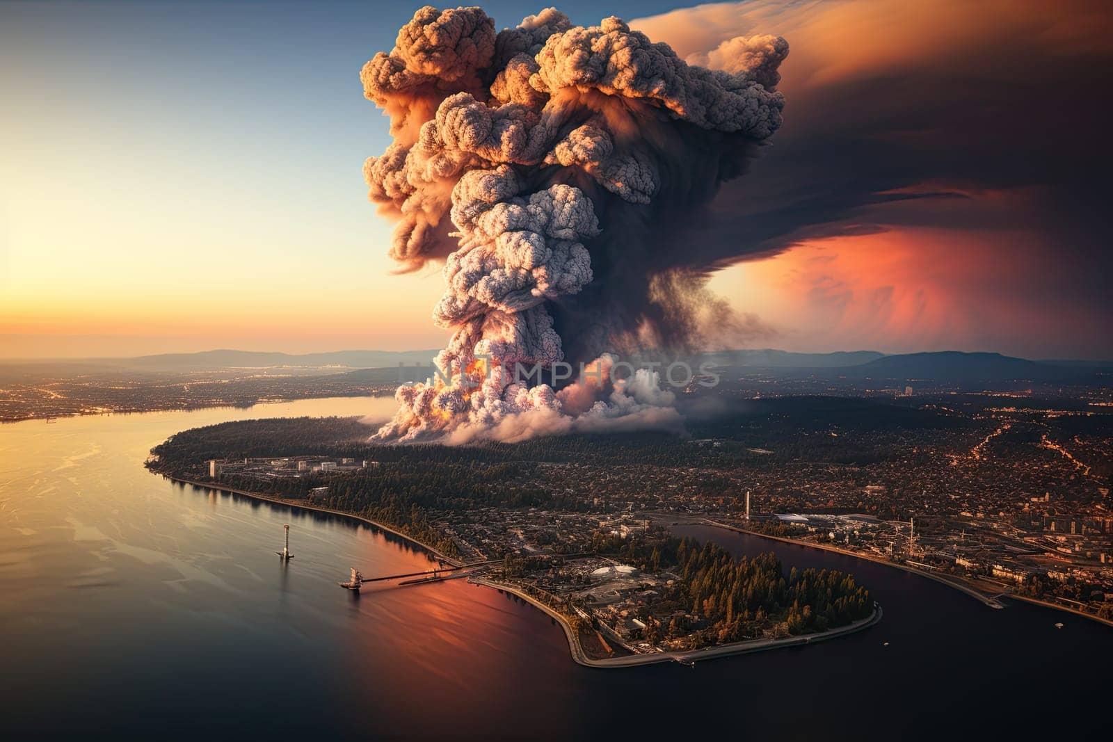 large volcanic eruption with a large release of smoke and ash, at the foot of the volcano city, river, natural disaster, Generative AI