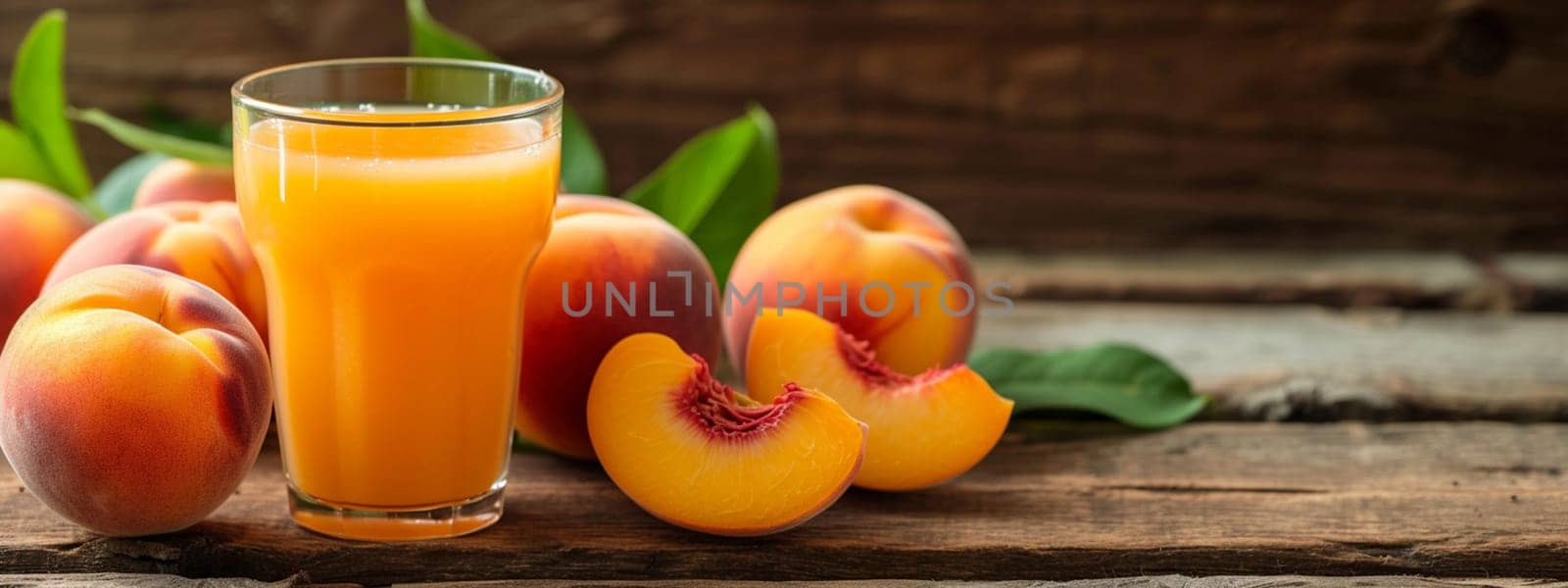 Glass of delicious peach juice and fresh fruit on a wooden table, drink, Generative AI,