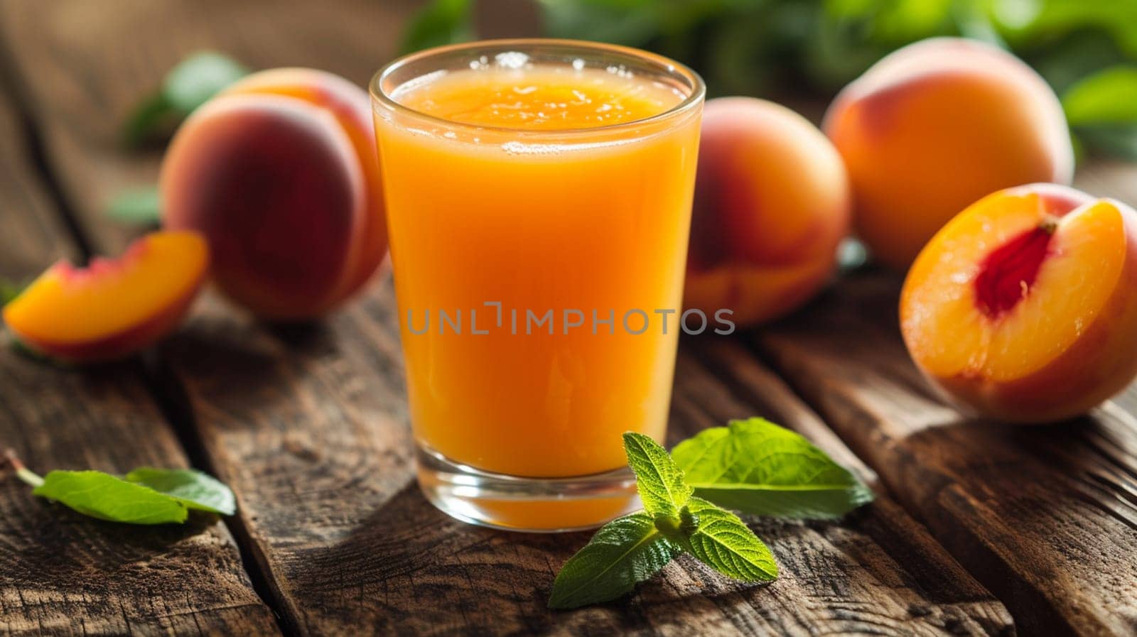 Glass of delicious peach juice and fresh fruit on a wooden table, Generative AI, by mila1784