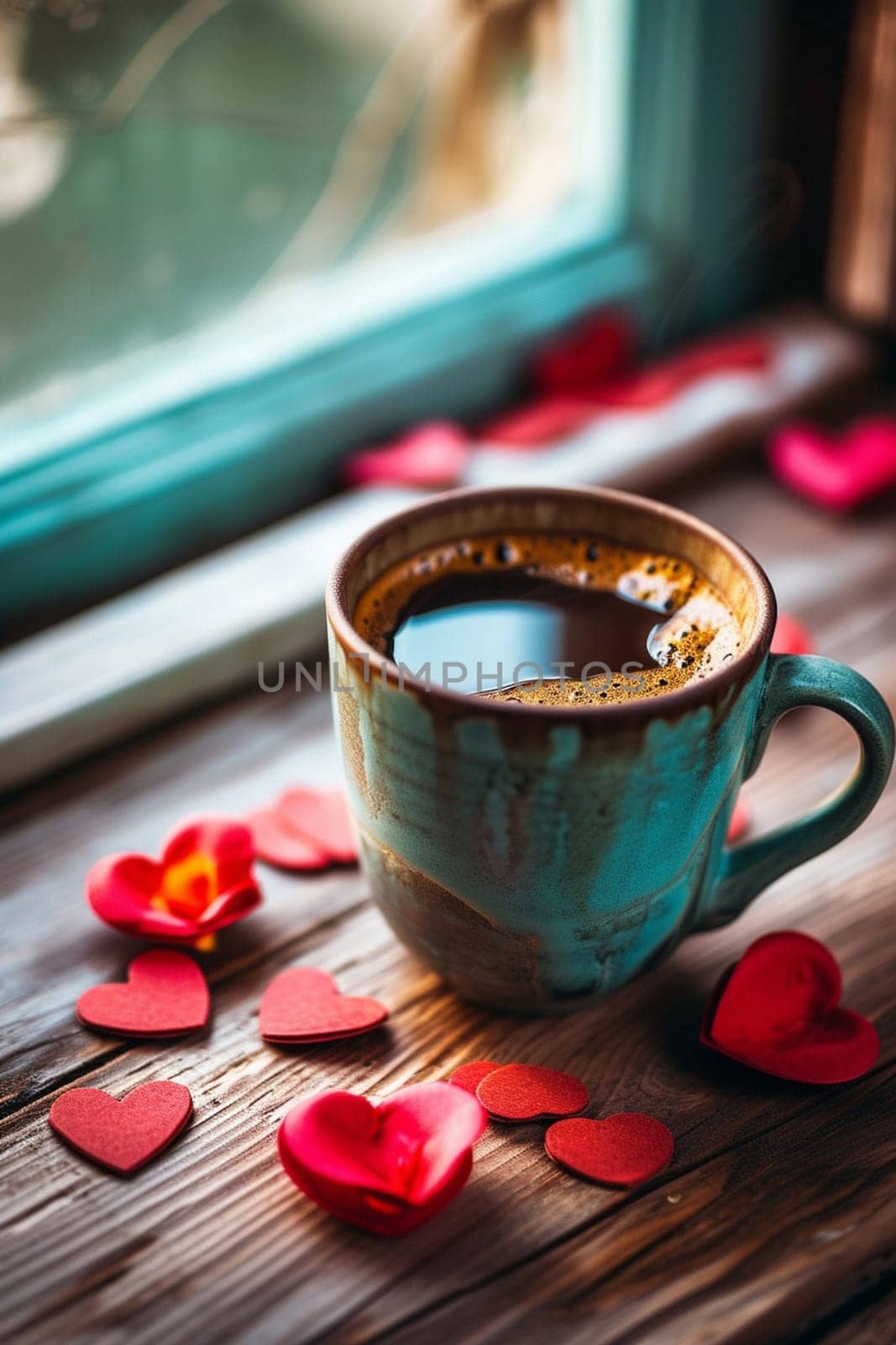 cup of coffee on a wooden background with hearts on a wooden background, Generative AI, by mila1784