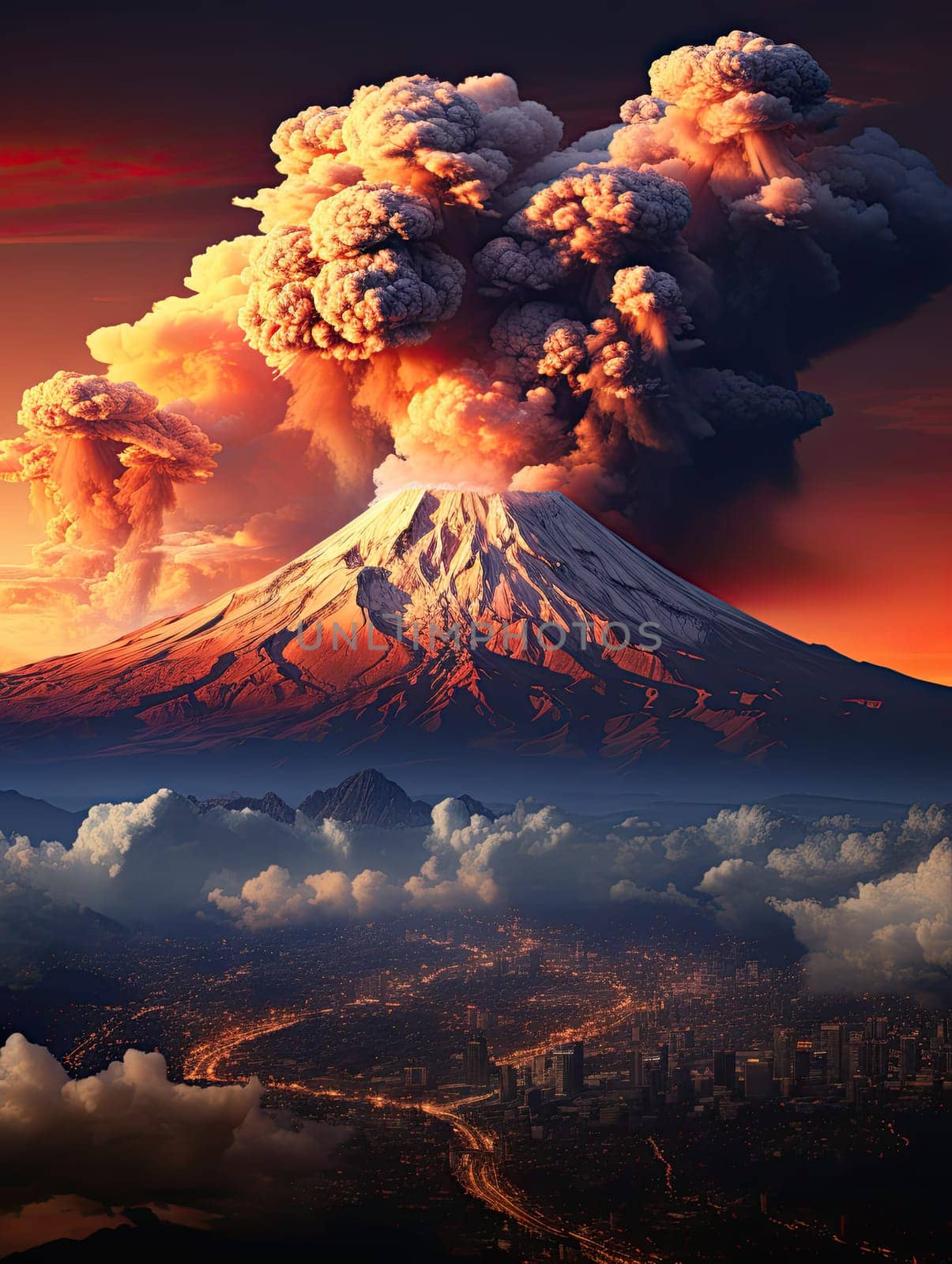 large volcanic eruption with a large release of smoke and ash, at the foot of the volcano city, river, natural disaster, Generative AI