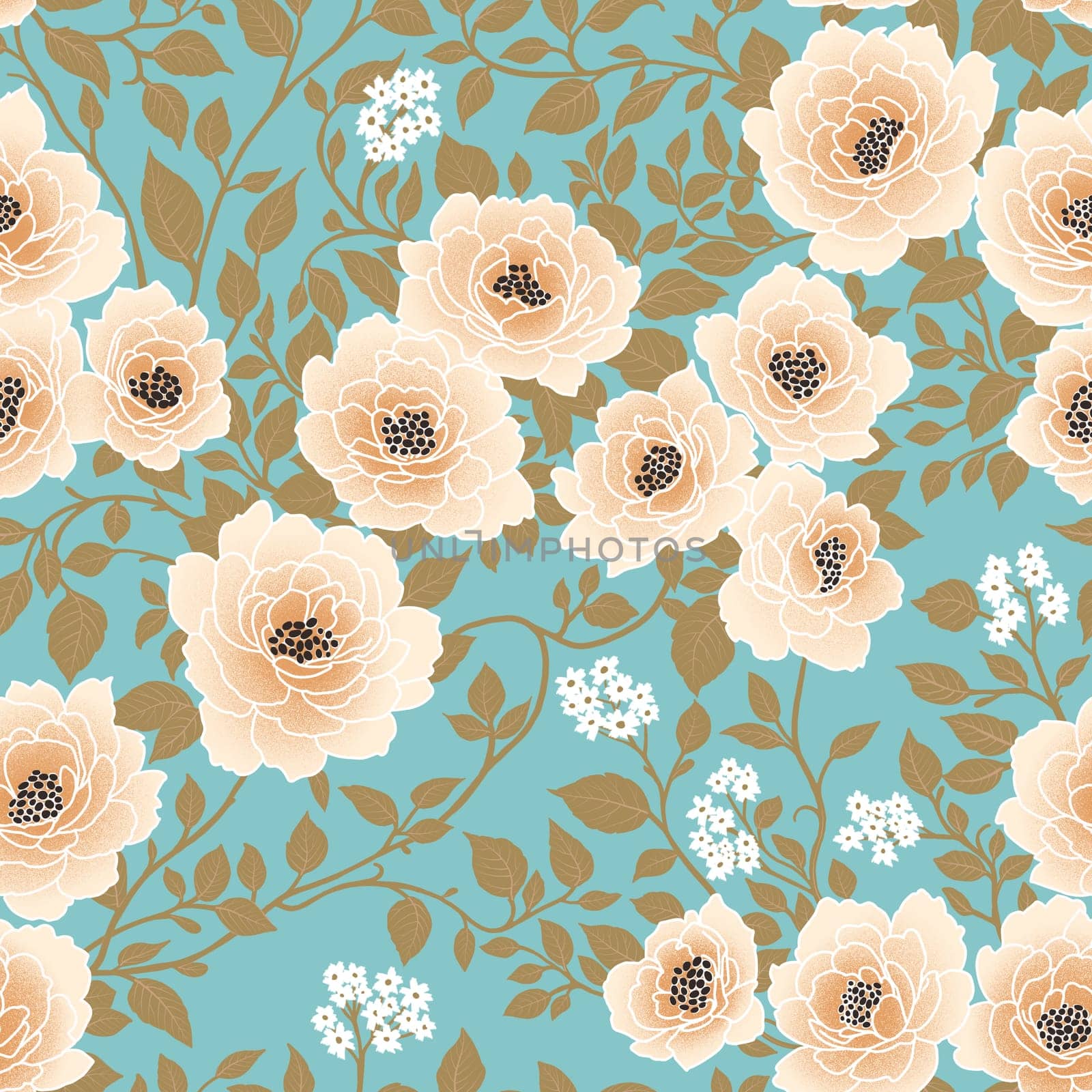 Floral Seamless Pattern of White Flowers and Khaki Green Leaves on Light Blue Backdrop. Wallpaper Design for Printing on Fashion Textile, Fabric, Wrapping Paper, Packaging.