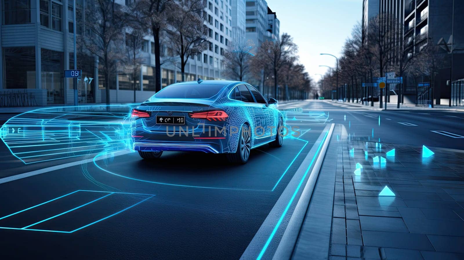 Electronic safety of the car on the road in the city. connected cars, with IoT and smart technologies, neon. Generative ai