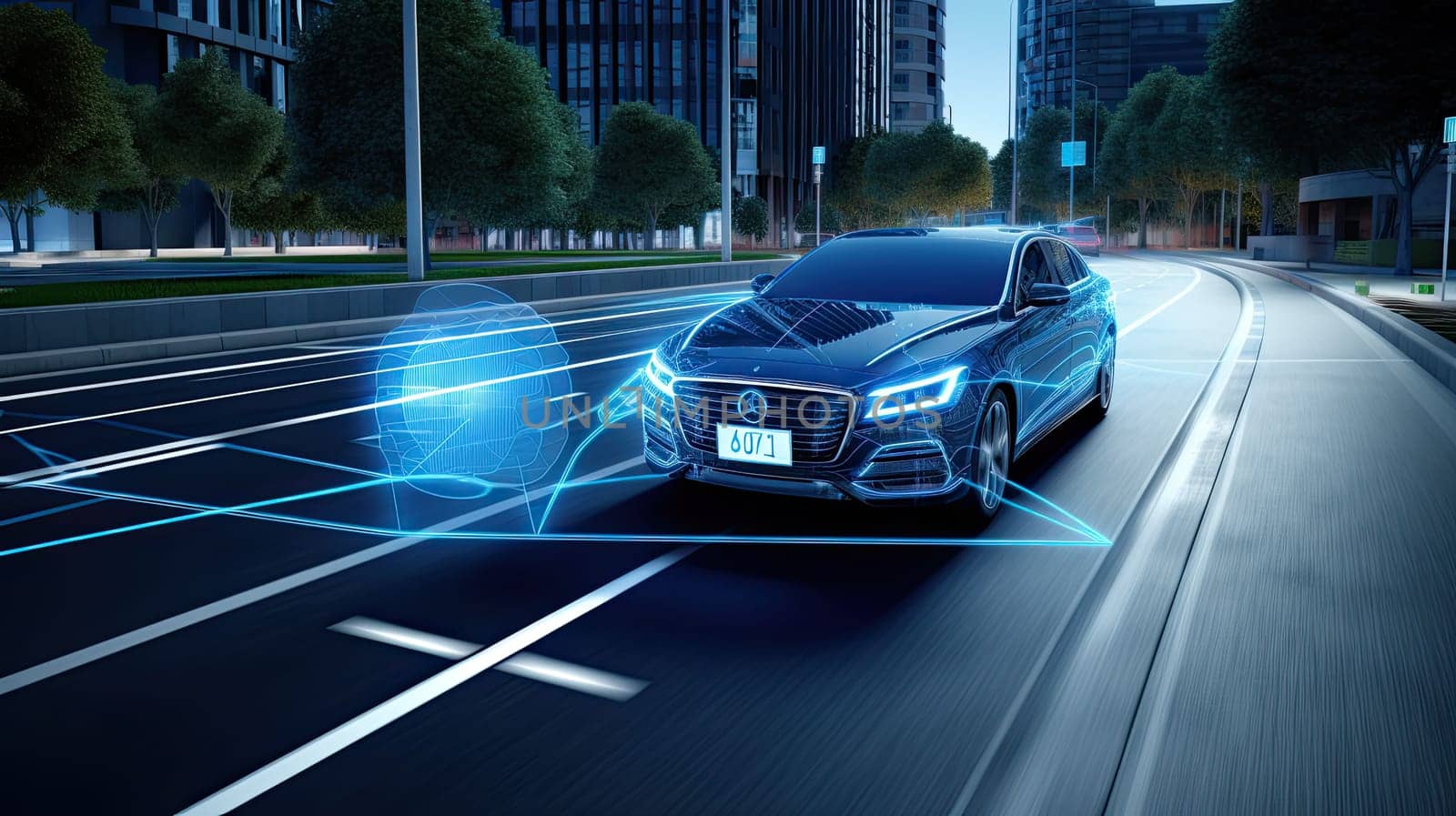 Electronic safety of the car on the road in the city. connected cars, with IoT and smart technologies, neon. Generative ai