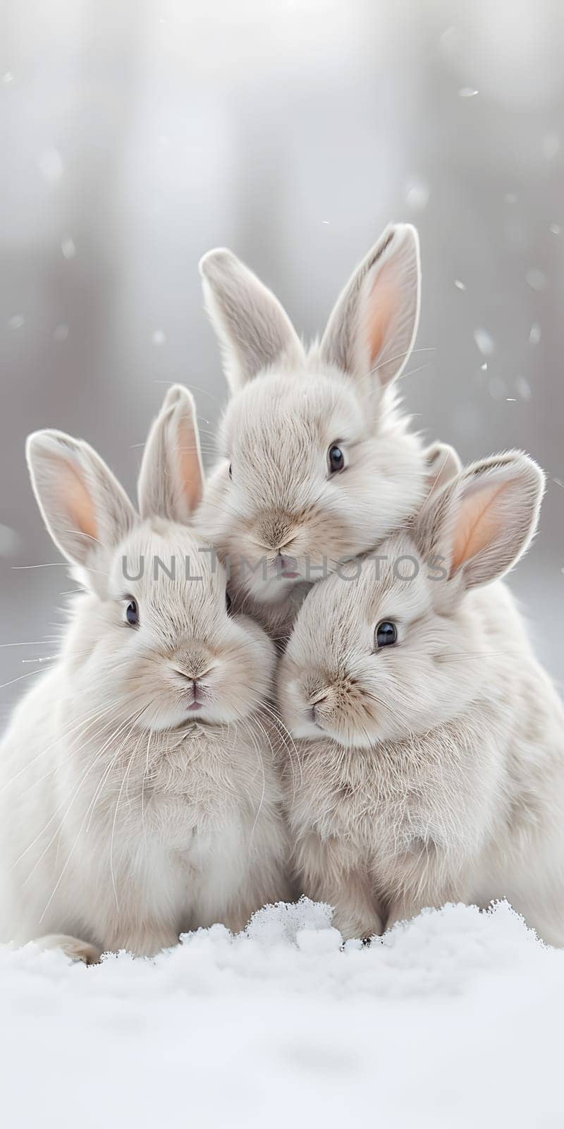 Three baby rabbits stacked in snow, showing ears and whiskers by Nadtochiy