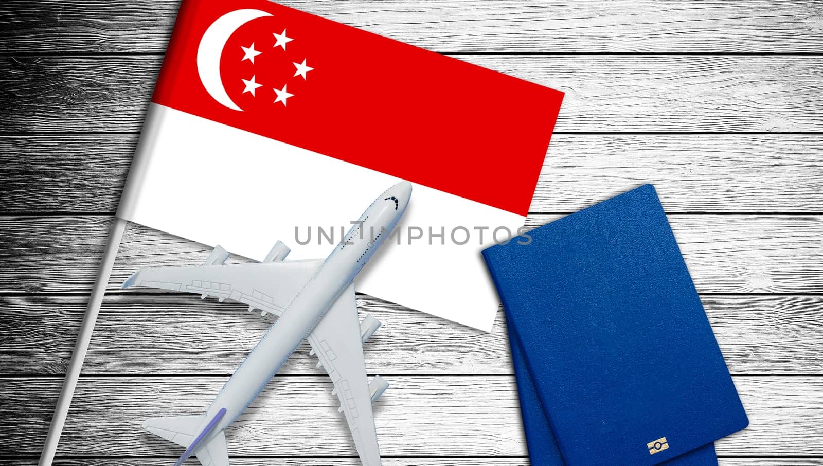 Illustration of a passenger plane flying over the flag of Singapore. Concept of tourism and travel. High quality photo