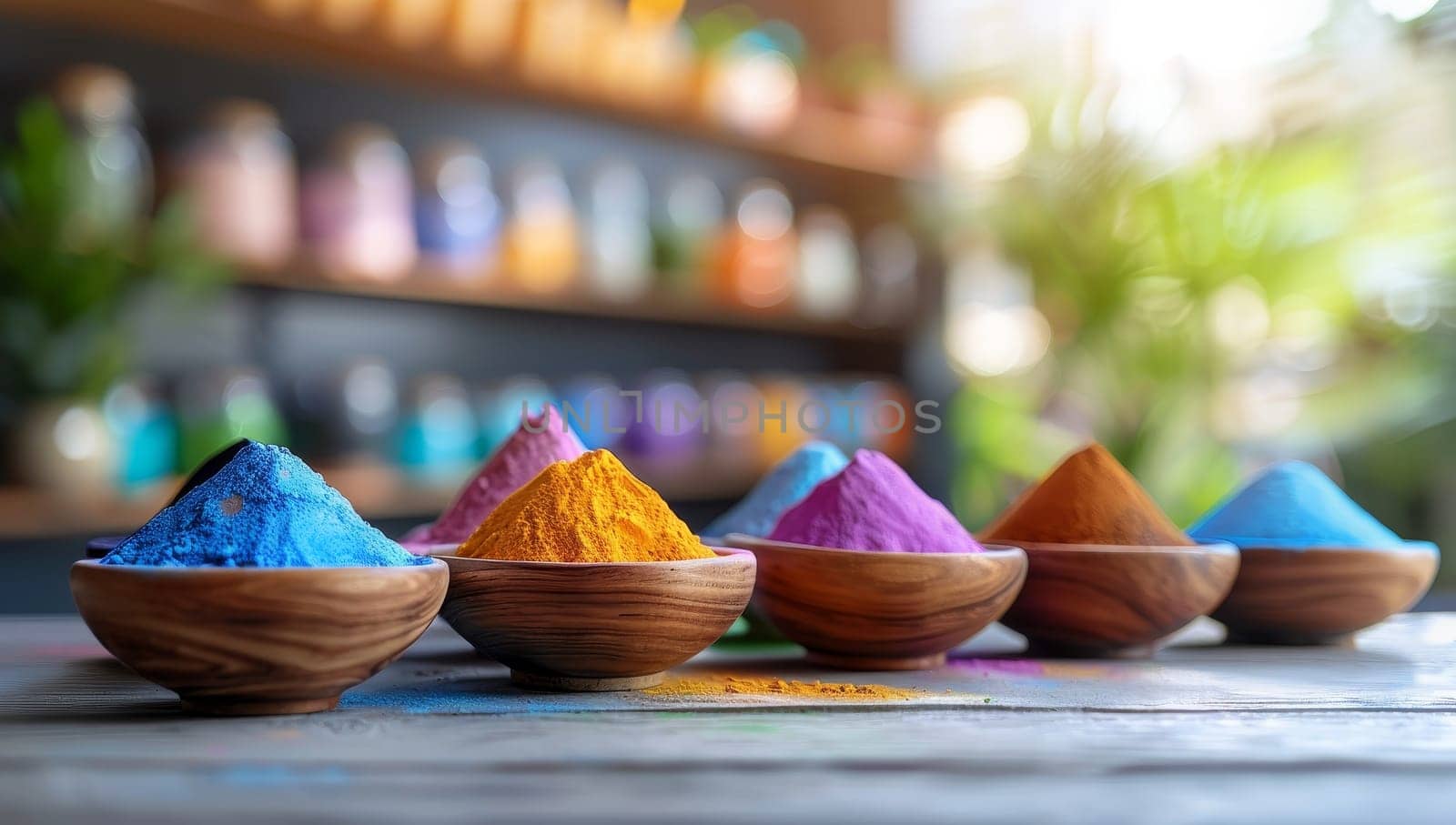 Colorful holi powder in wooden bowl on wooden table and blurred background