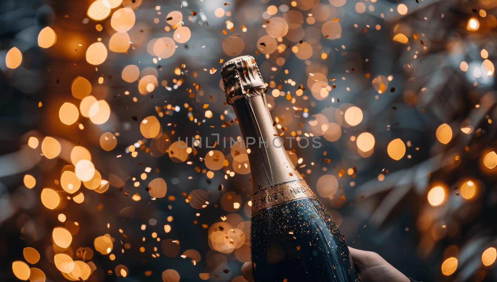 Celebration background with champagne bottle and golden bokeh.