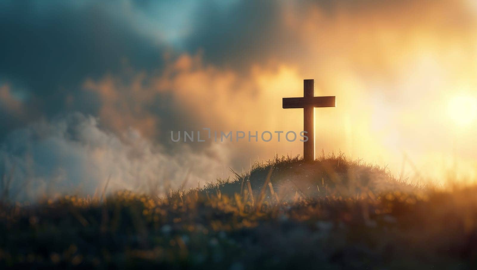 A wooden cross on a hill at sunset with a stormy sky in the background.