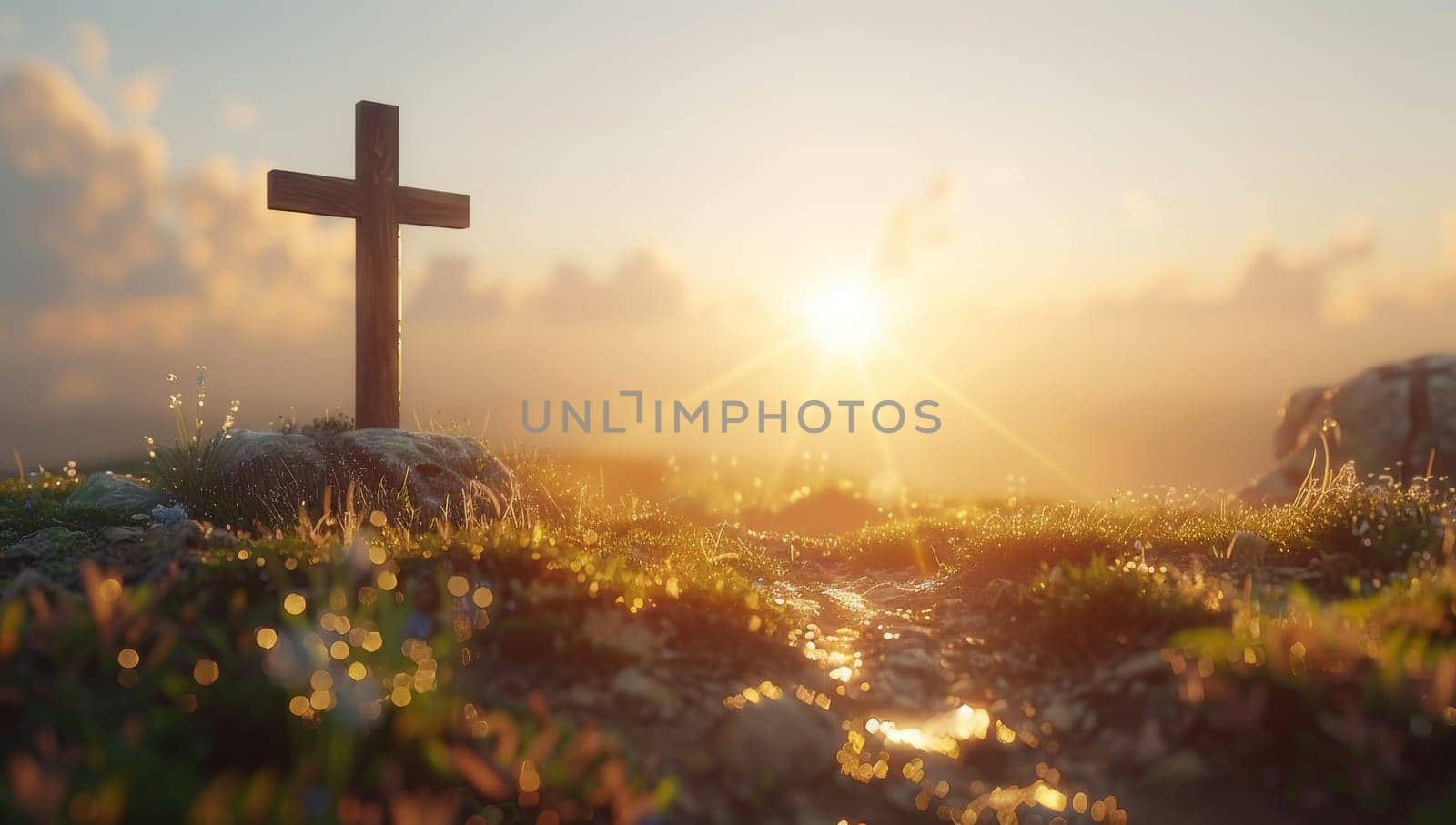 Cross on the background of the sun at sunset.
