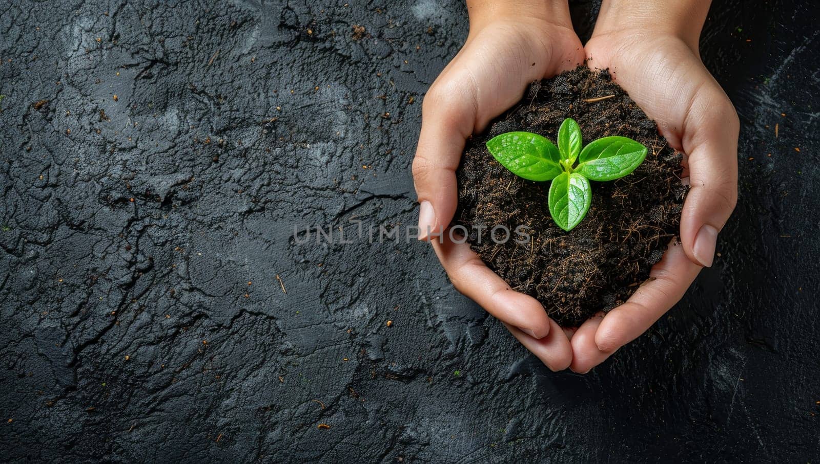 Female hands holding green plant with soil on black background with copy space