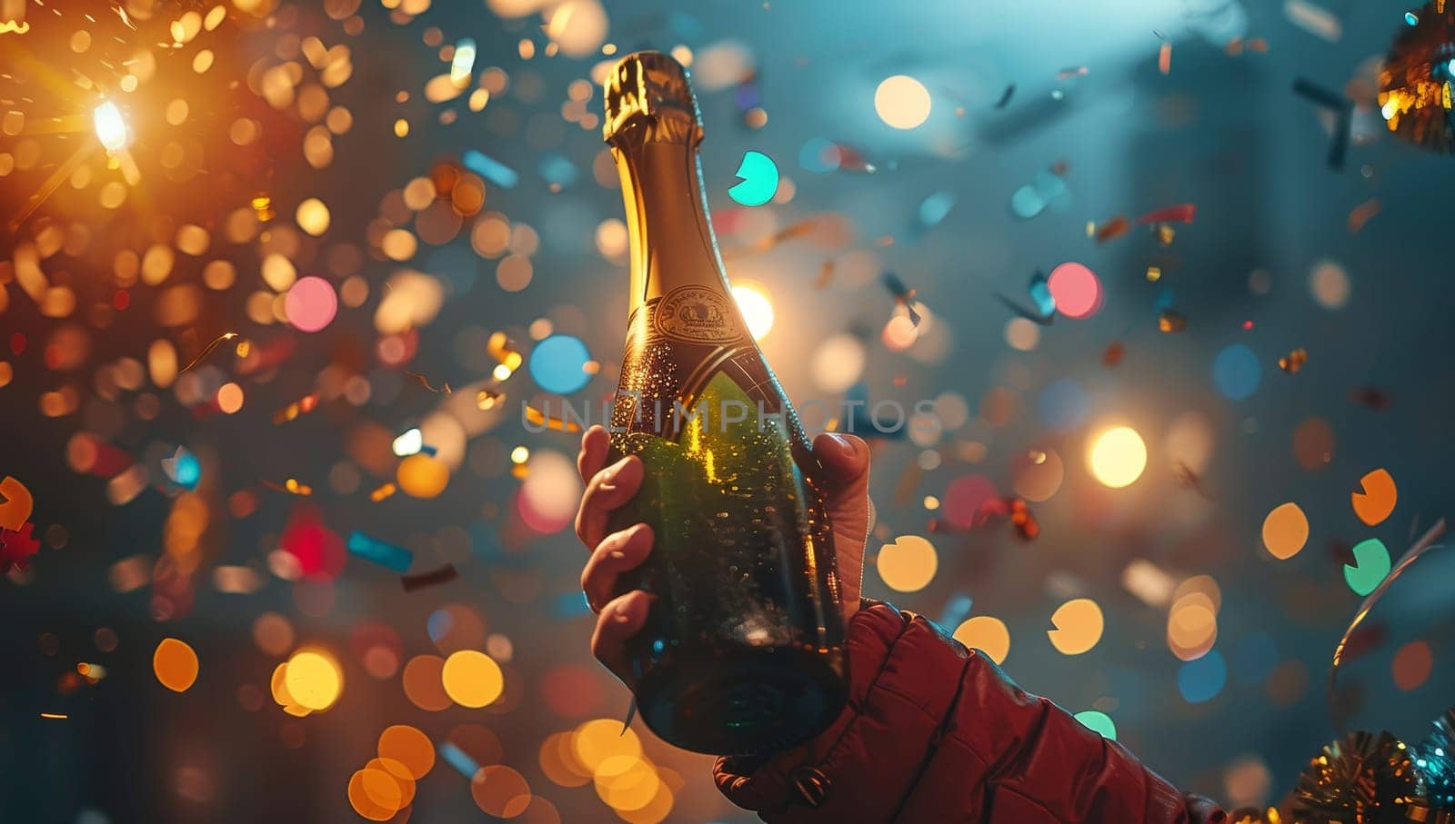 Celebration, New Year and holidays concept - close up of champagne bottle in hand