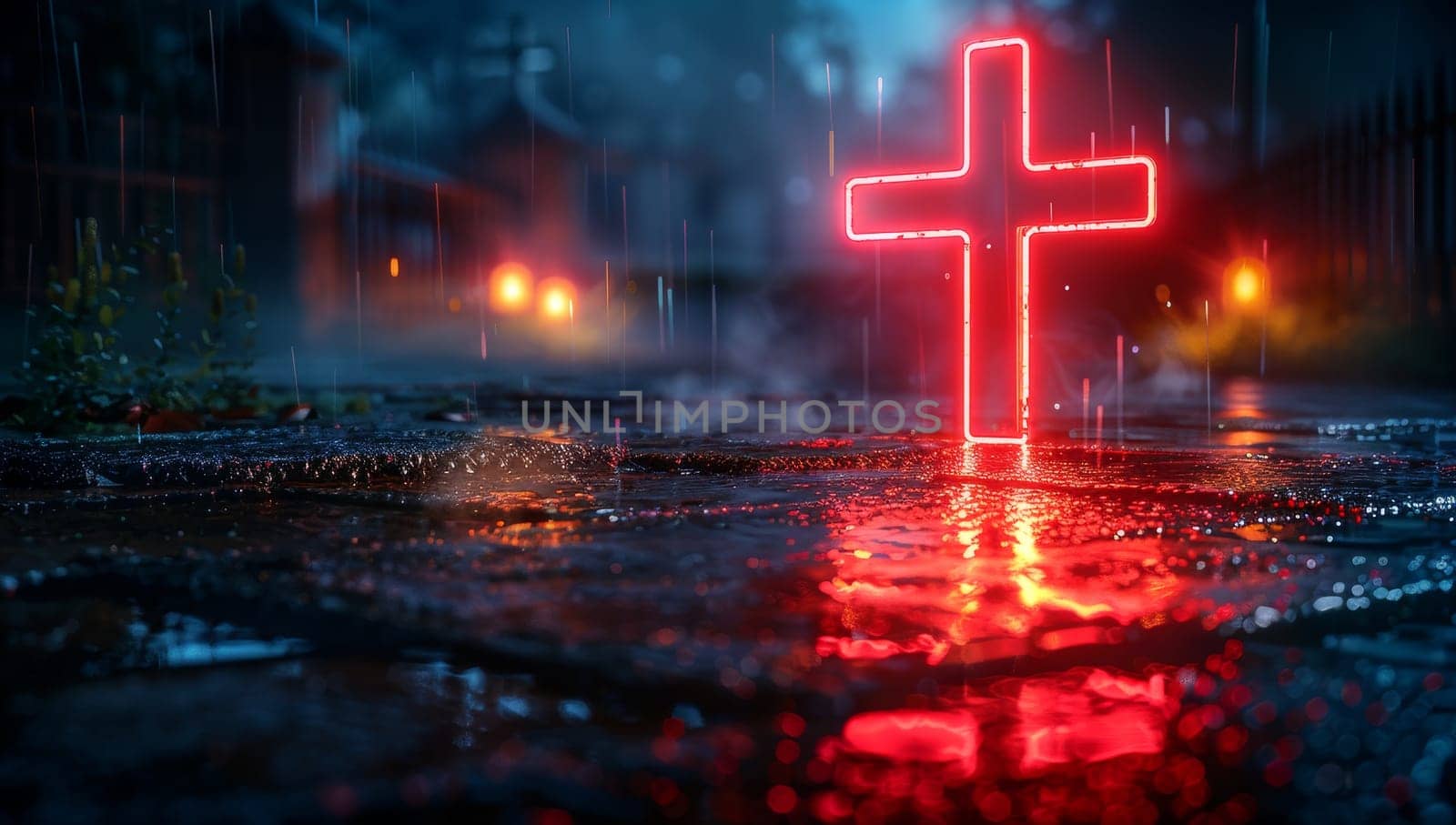 Glowing red cross on wet street at night. Christian symbols.