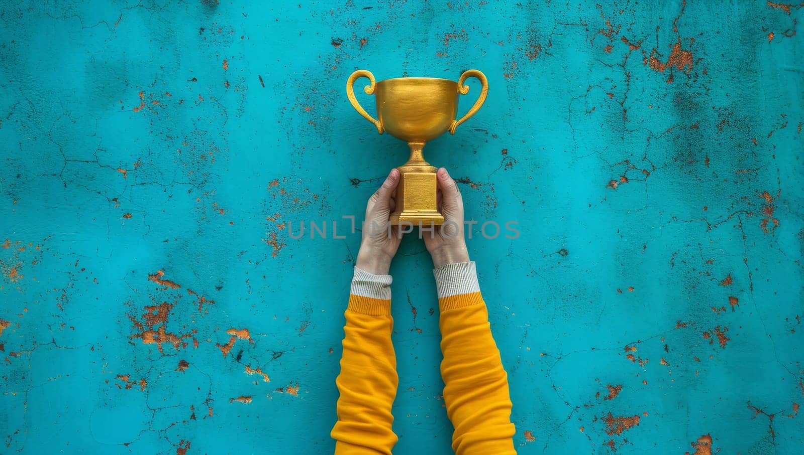 Hands holding a golden trophy cup on a blue background, top view
