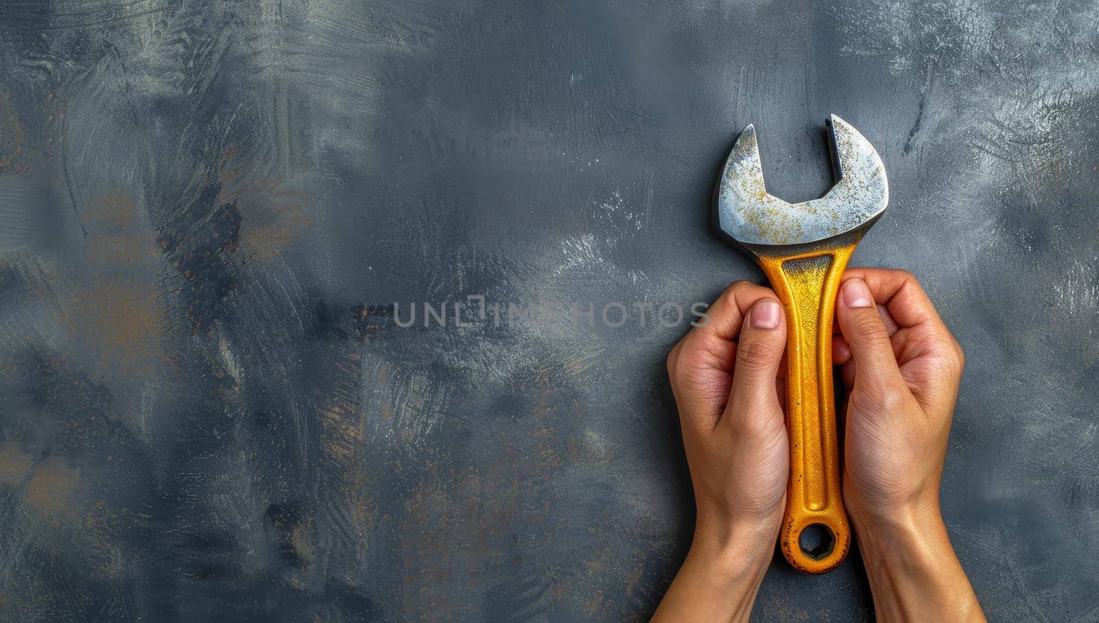 Wrench in the hands of a worker on a gray background.