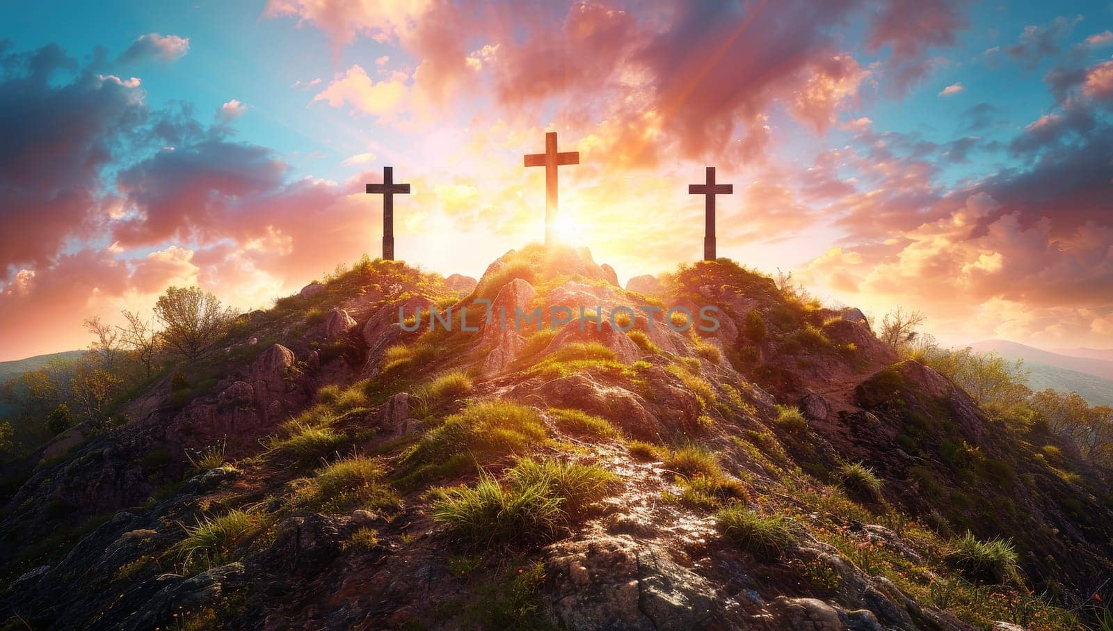 Crosses on the hill at sunset. Cross of Jesus Christ on the hill.