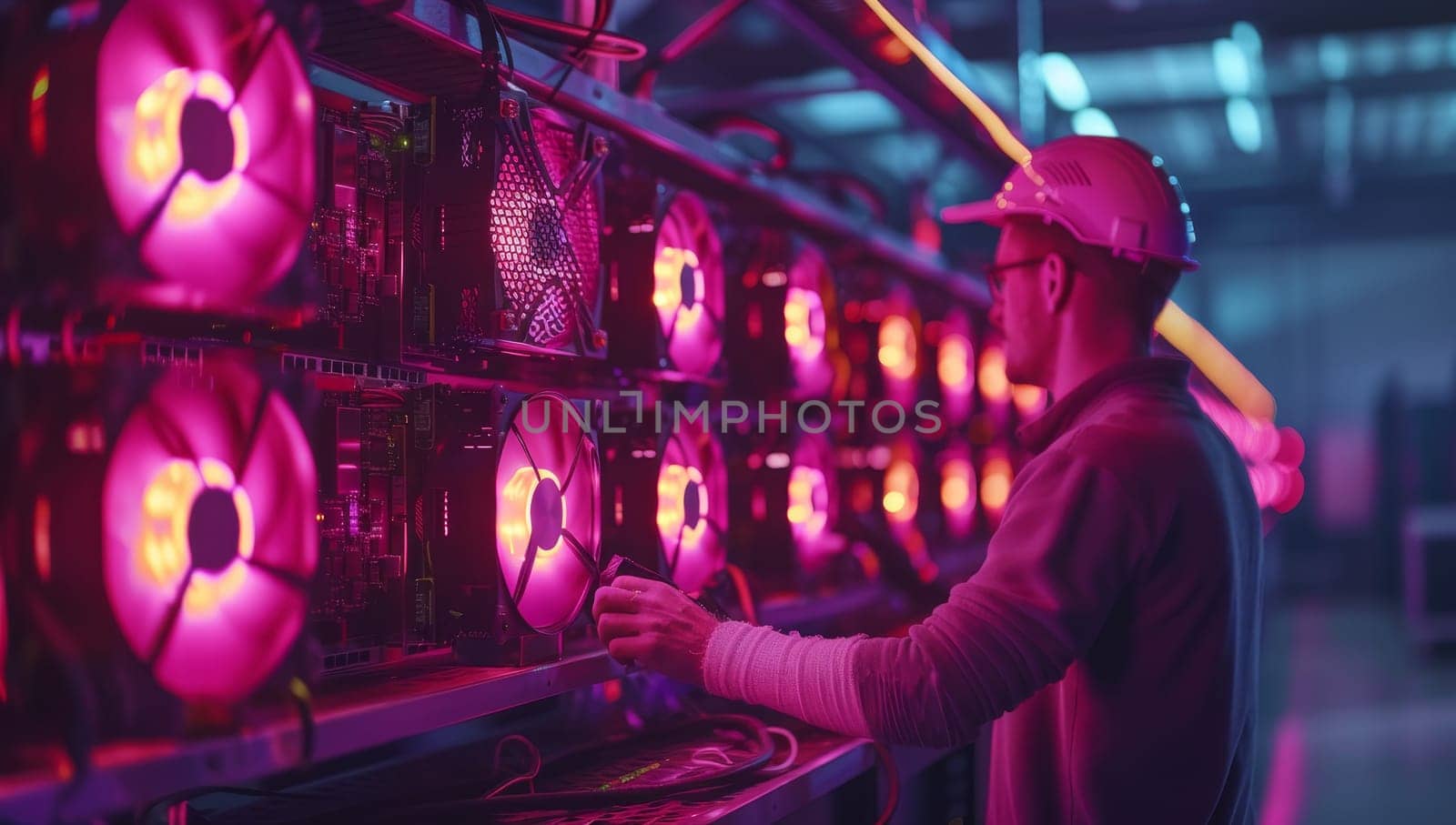 Engineer working on the computer in the server room at the factory.