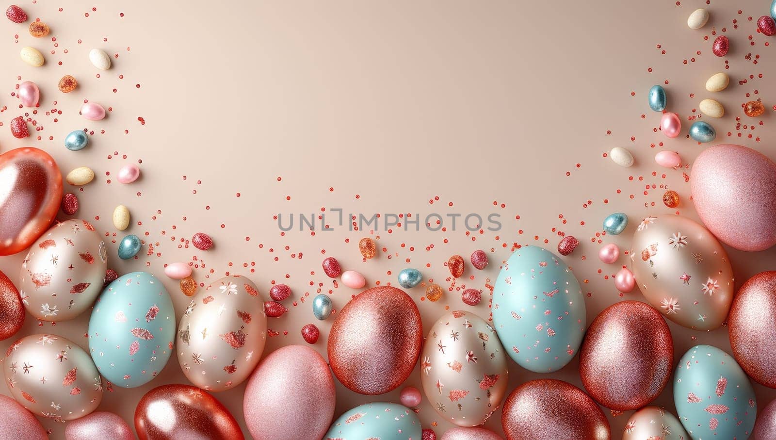 Easter background with pastel colored eggs and confetti. 3d rendering