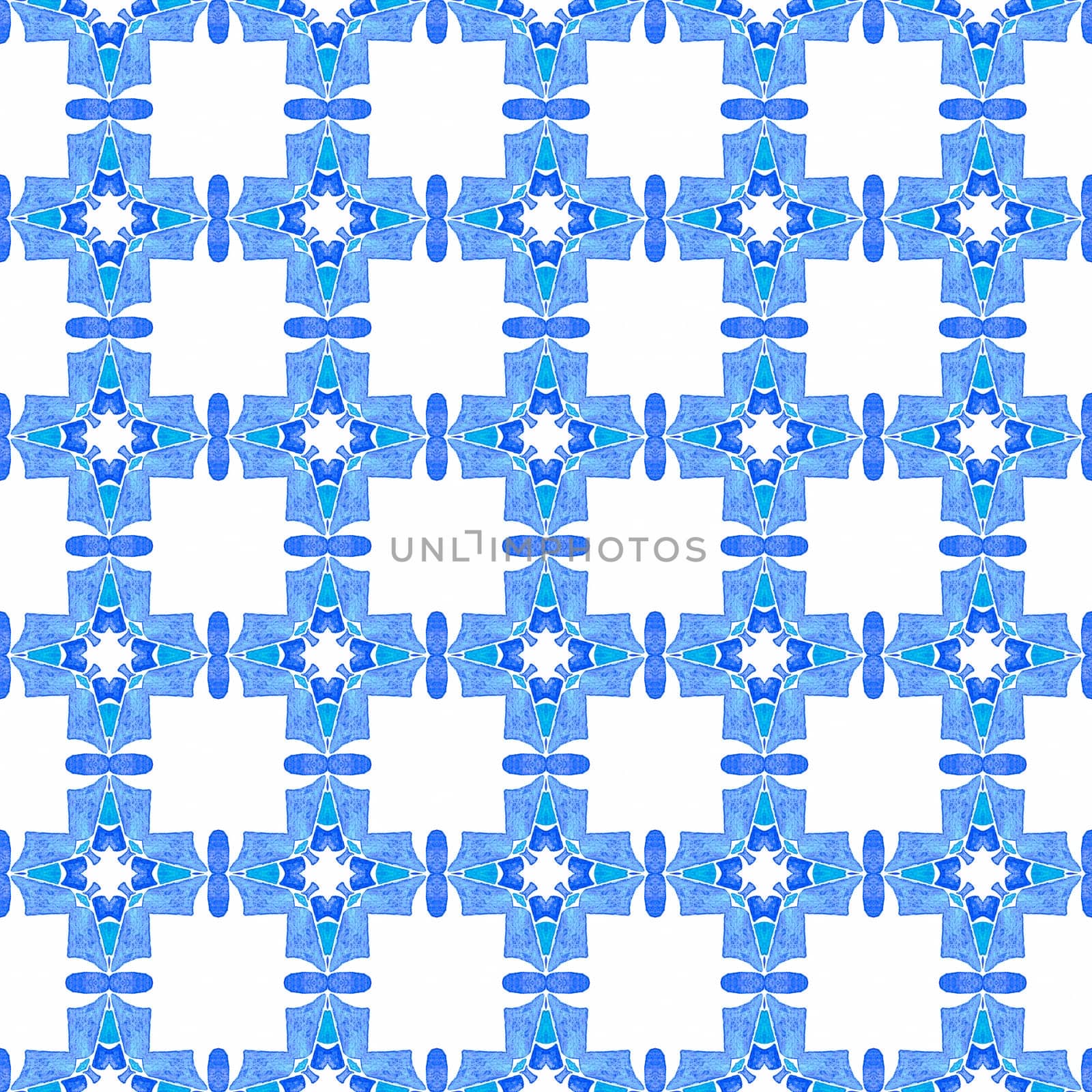 Tiled watercolor background. Blue surprising boho chic summer design. Hand painted tiled watercolor border. Textile ready fancy print, swimwear fabric, wallpaper, wrapping.