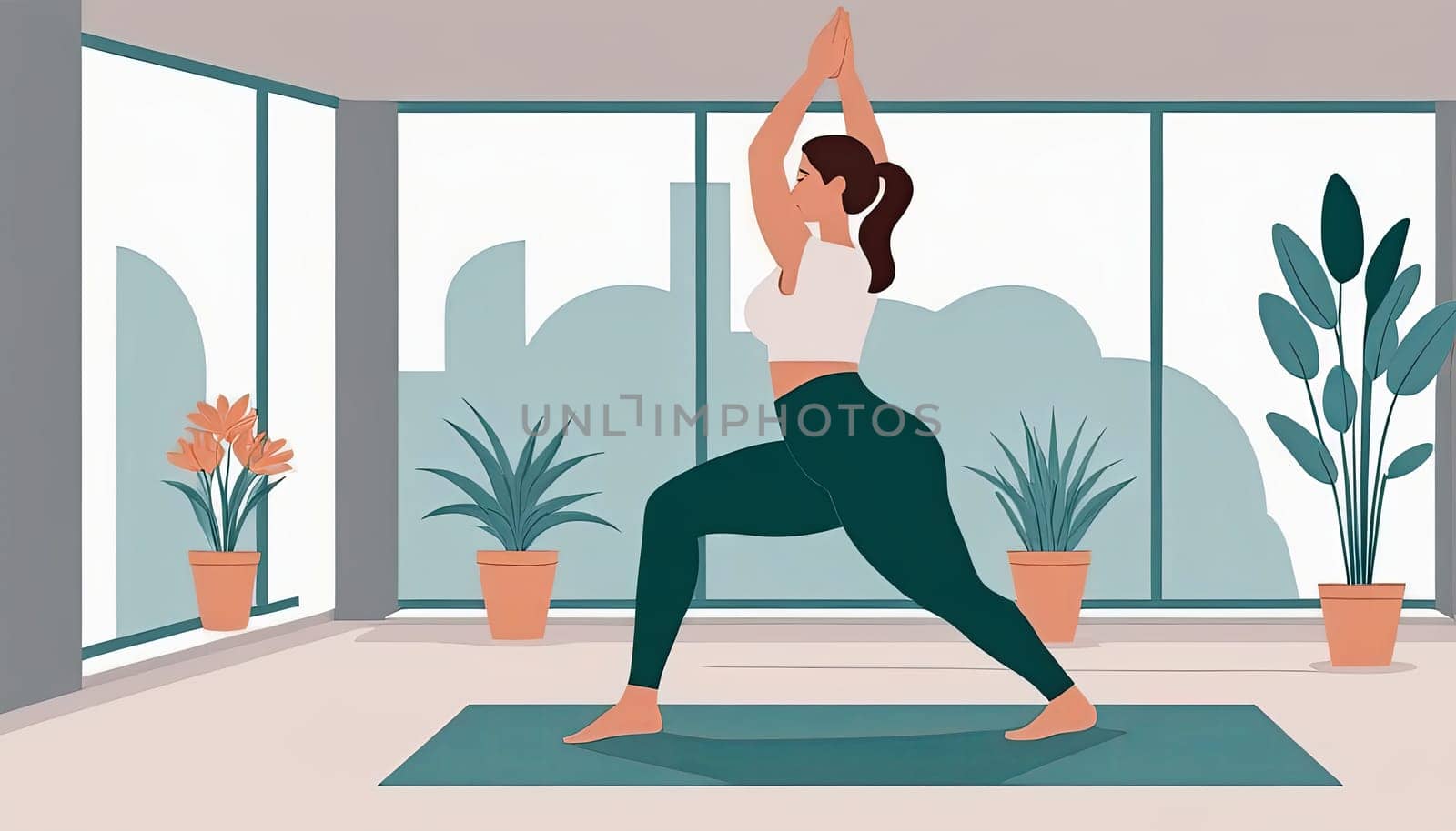 Woman, yoga practice near sofa, leggings and top attire. Bright room, large window, floor-standing flower