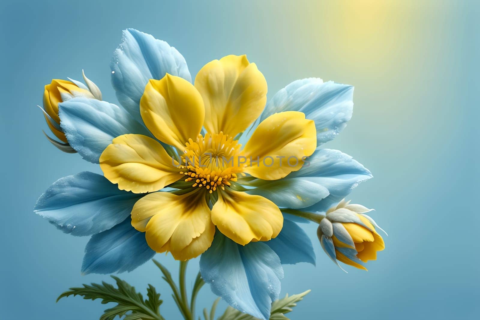 yellow blue flower isolated on a blue background.