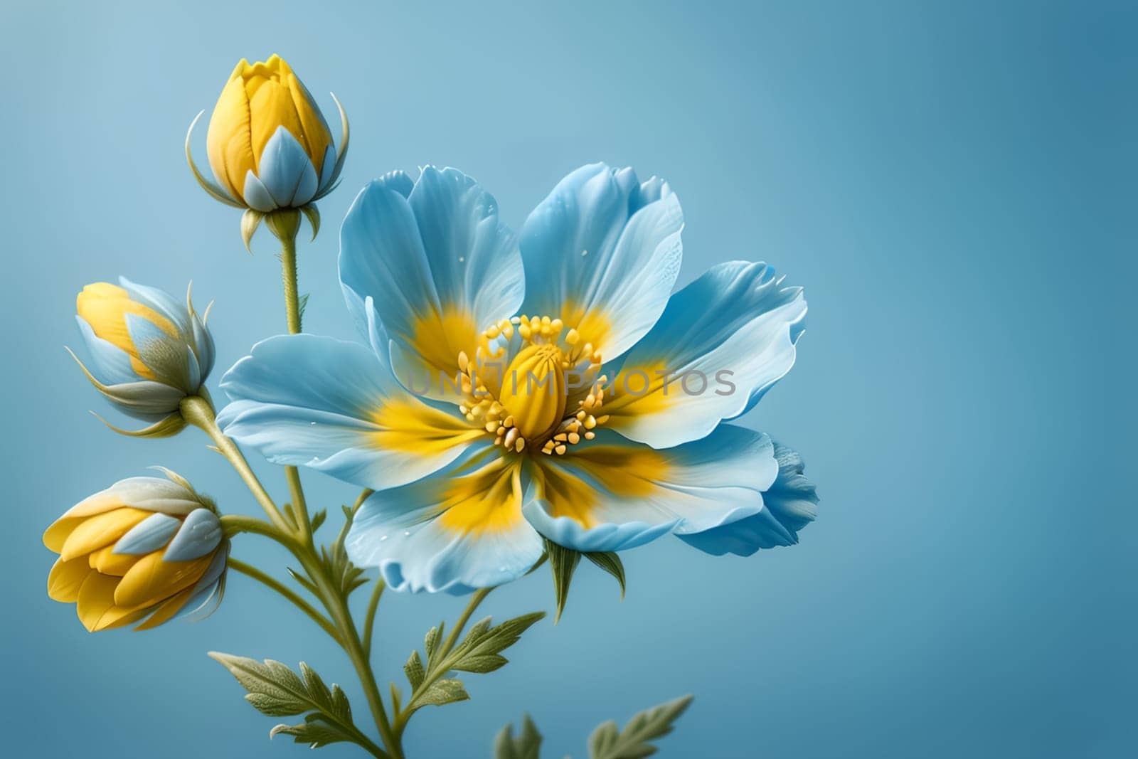 yellow blue flower isolated on a blue background.