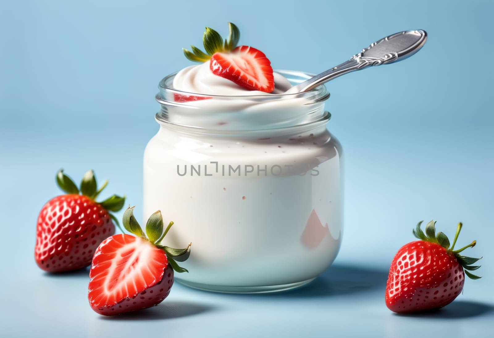 homemade yogurt with strawberries in a jar with berries, isolated on a blue background.