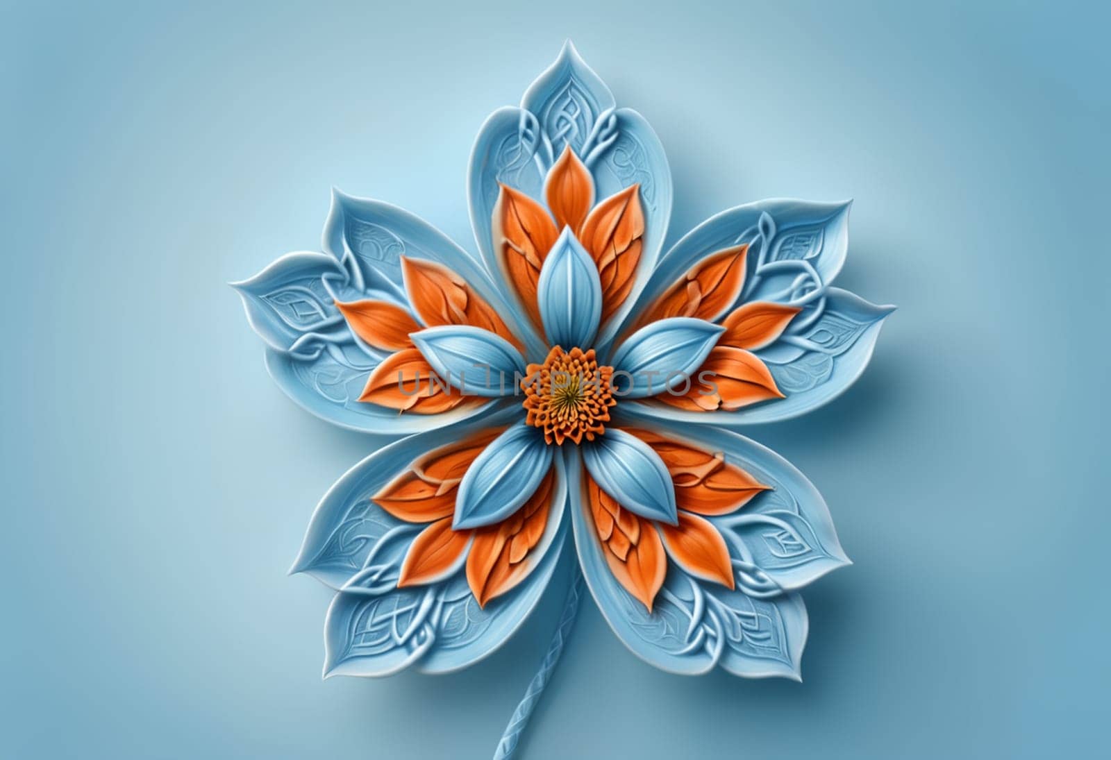 unusual orange flower with blue foliage, isolated on green background