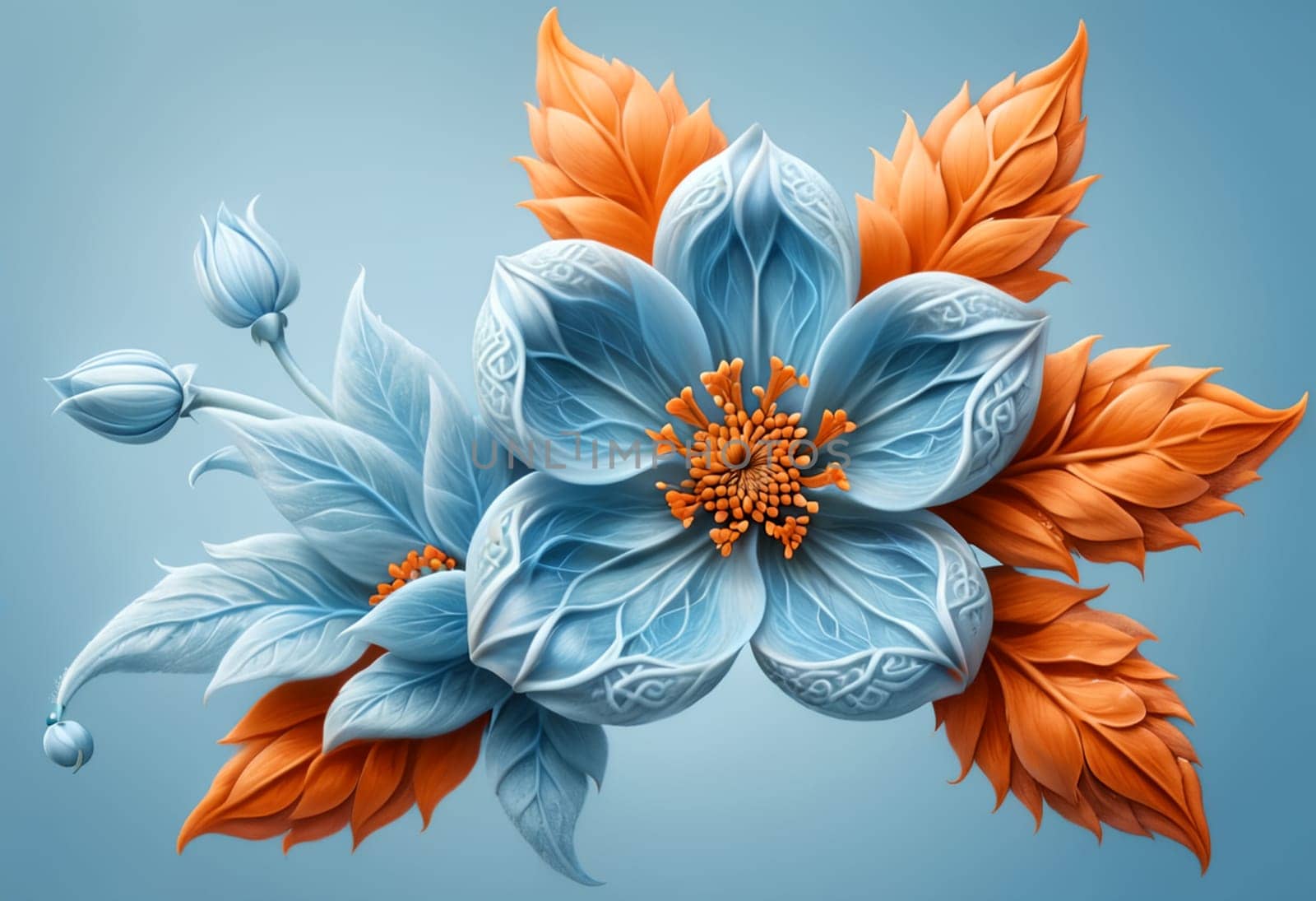 unusual orange flower with blue foliage, isolated on green background