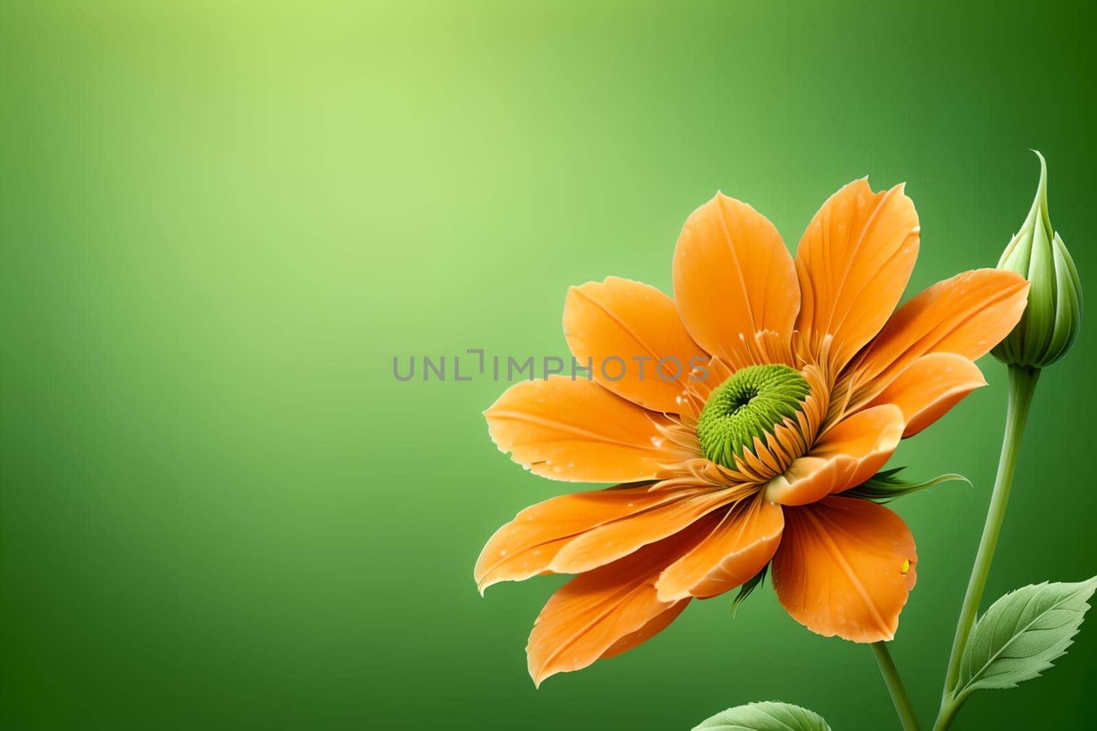 unusual orange flower with green foliage, isolated on green background