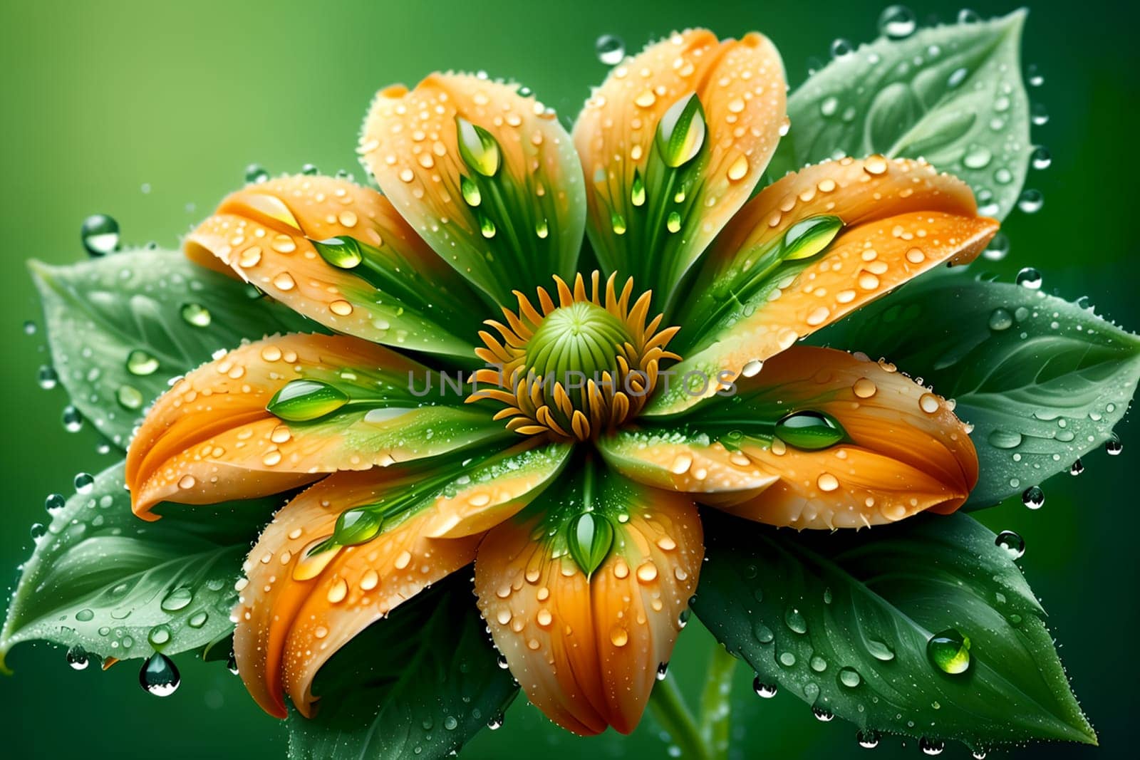 unusual orange flower with green foliage, isolated on green background
