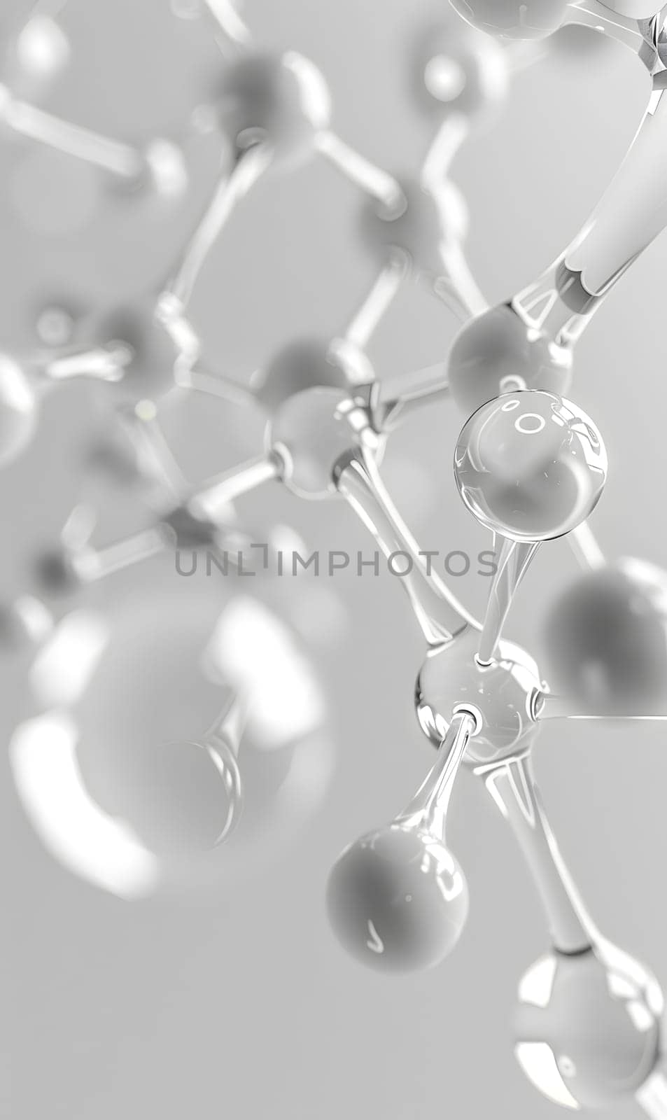 A closeup monochrome photograph of a water drop on a twig, resembling a piece of modern jewellery. The circular molecular structure stands out against the white background