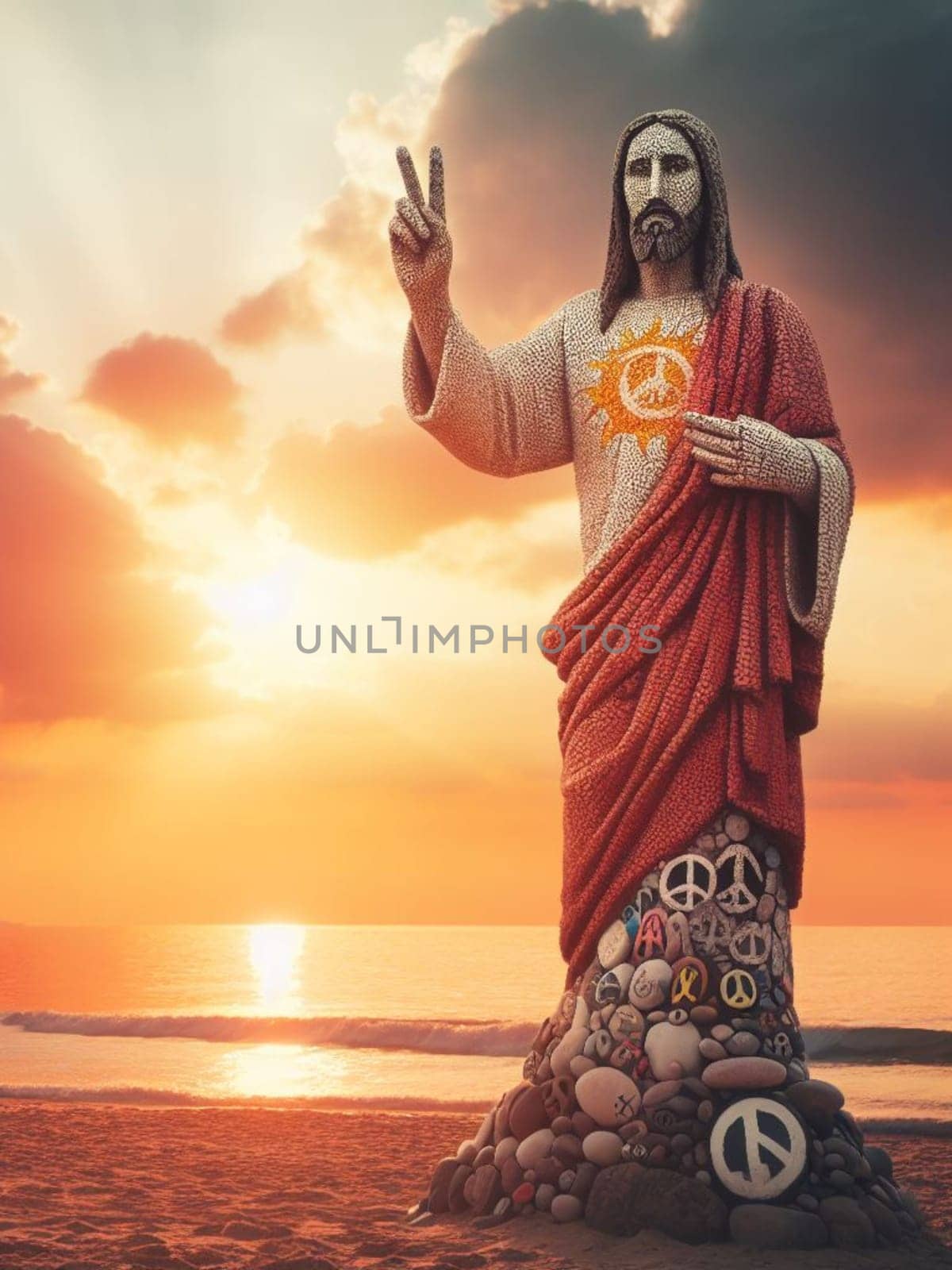 Sculpture of Jesus Christ made of pebbles at the beacj at sunset, asking for peace stop war concept by verbano