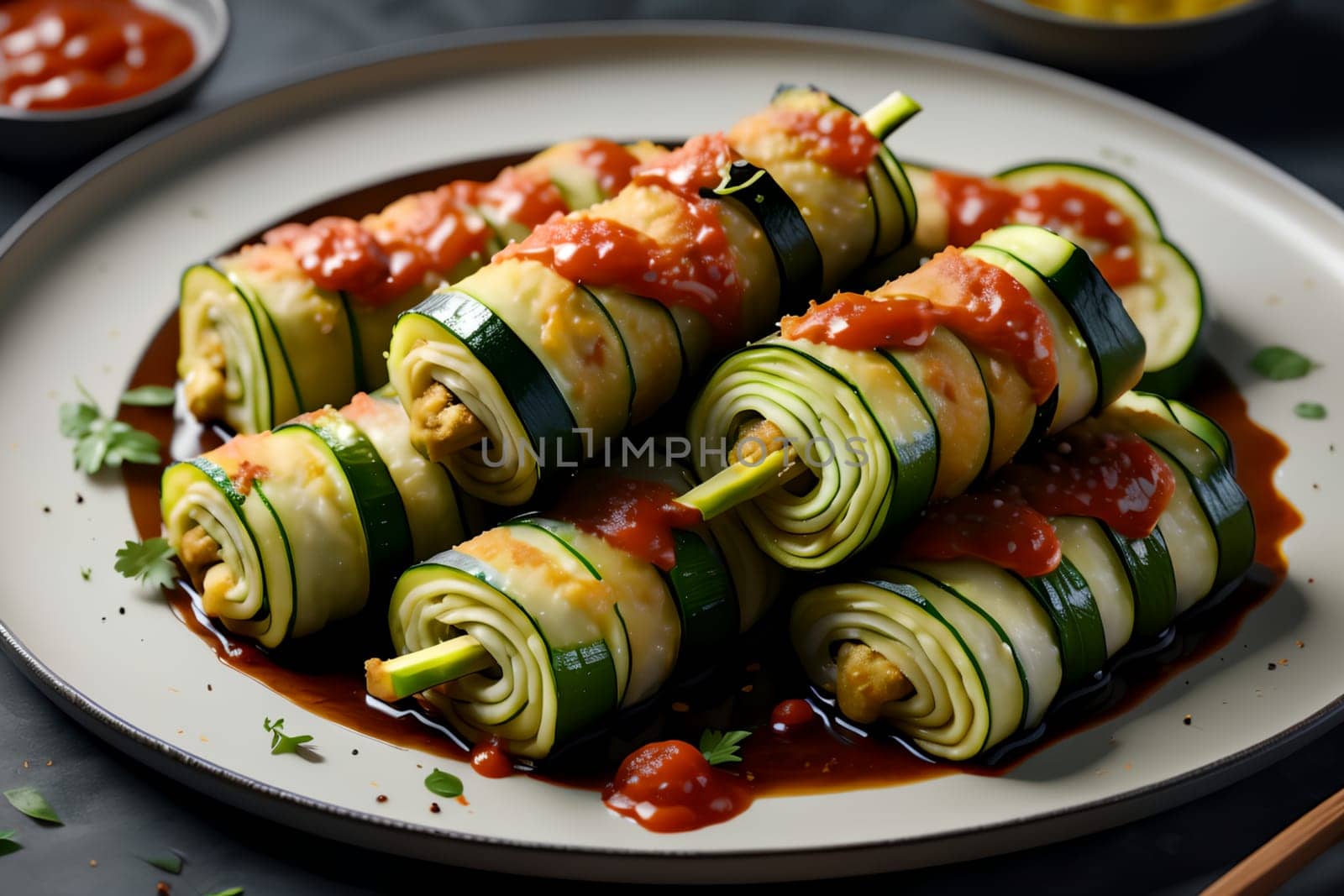 cooked zucchini rolls with filling . AI generated image.