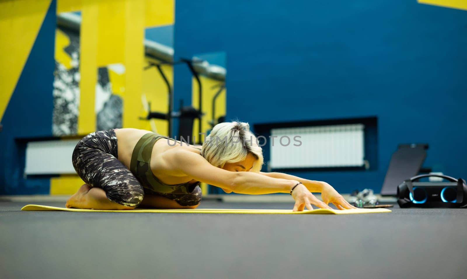 slender athletic woman in the gym is beautifully engaged in yoga exercises on a mat