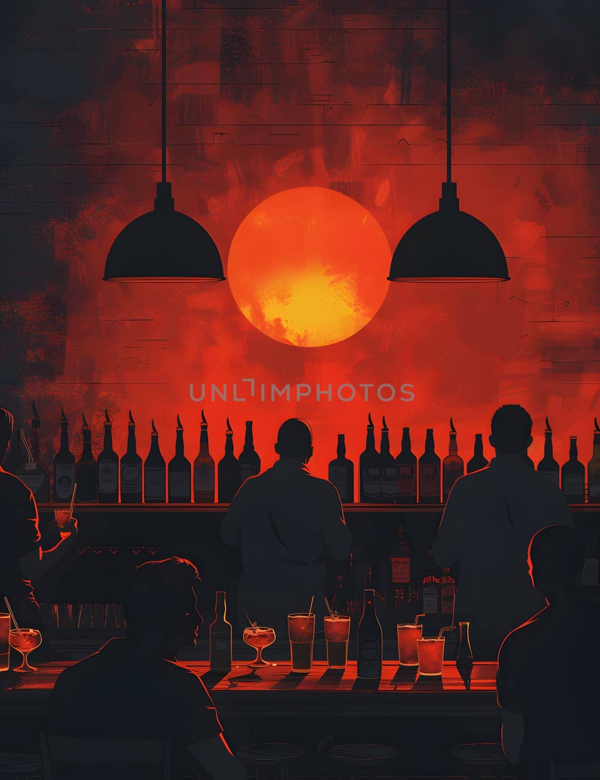 A group of people at a bar enjoying the worlds beautiful sunset, painting the sky orange with tints and shades, creating an atmospheric phenomenon reminiscent of dusk