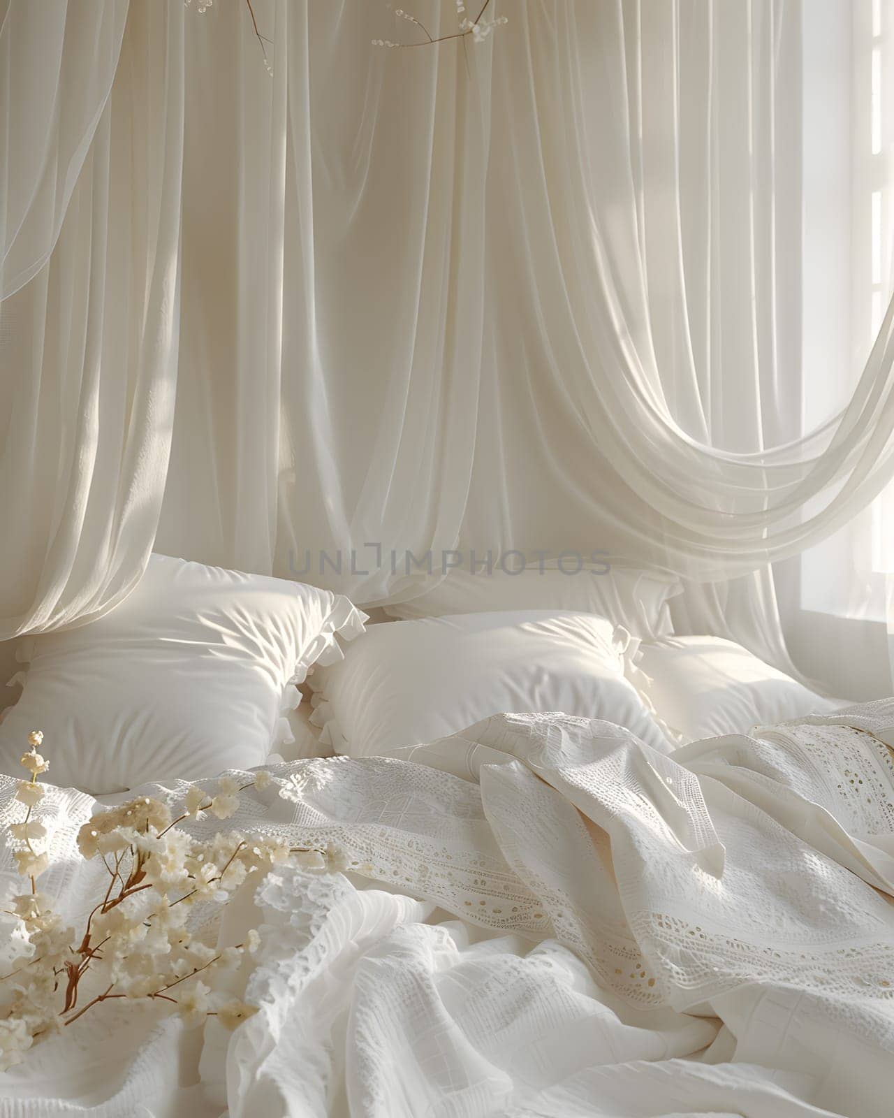A canopy bed adorned with white linens, pillows, and petals under a sheer curtain. The wooden frame creates a romantic bridal accessory for any event