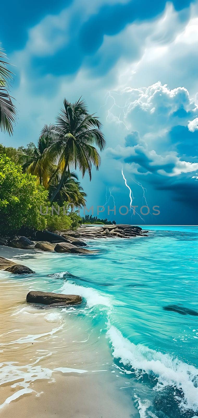 tropical beach view at cloudy stormy day with white sand, turquoise water and palm trees. Neural network generated image. Not based on any actual scene or pattern.