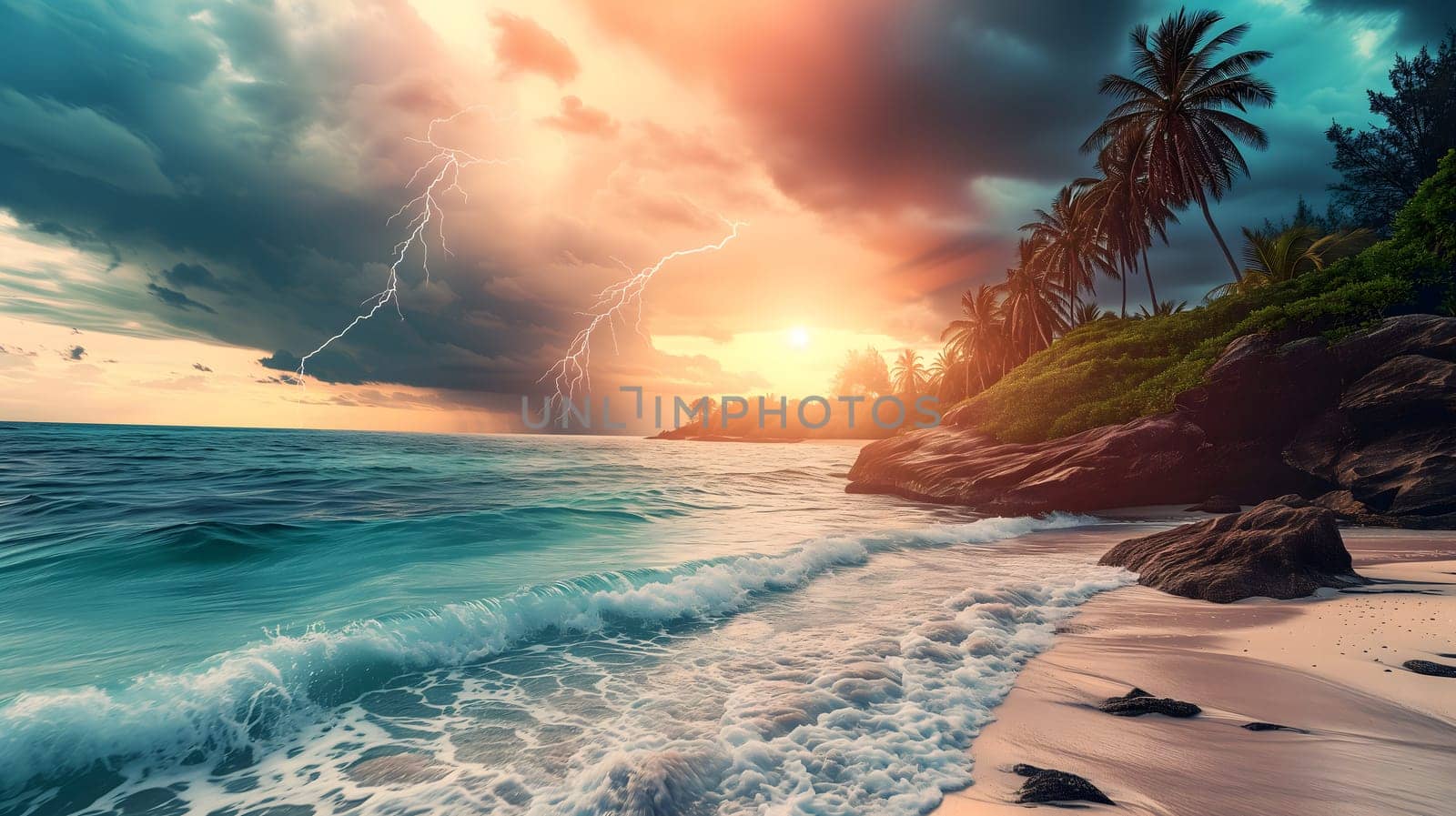 tropical beach view at cloudy stormy sunset with white sand, turquoise water and palm trees. Neural network generated image. Not based on any actual scene or pattern.