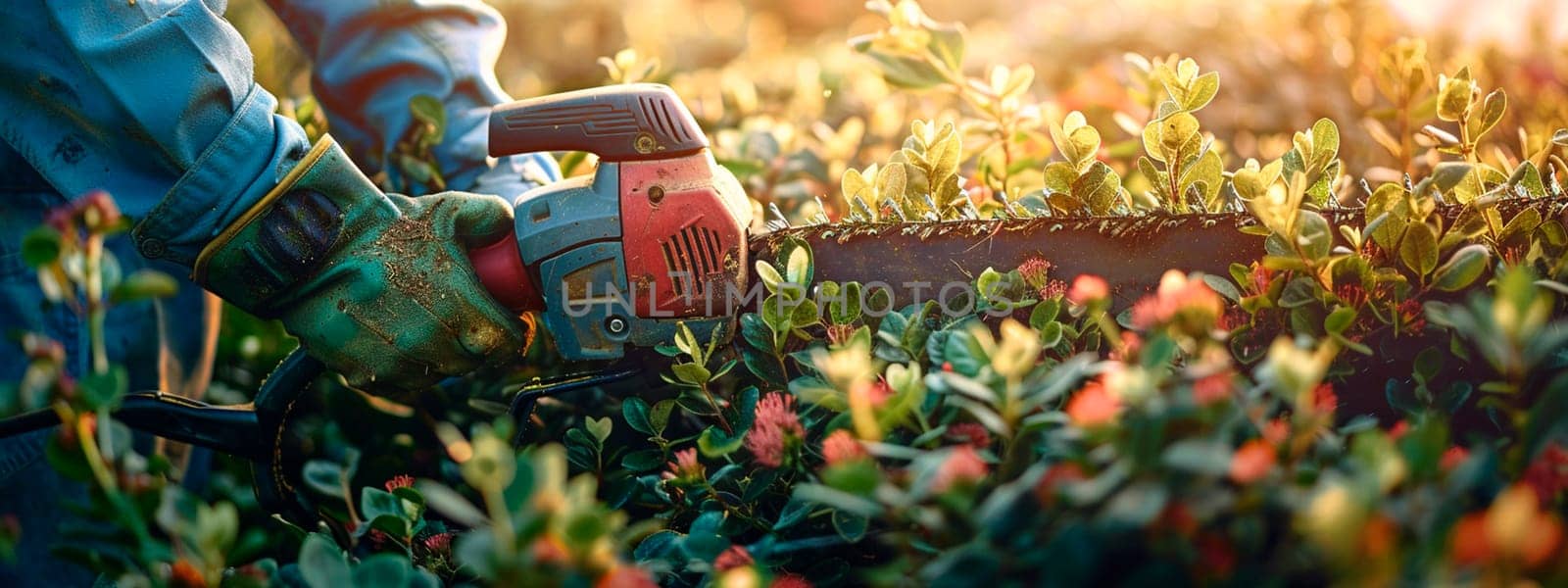 A gardener cuts bushes with an electric pruner. Selective focus. People.