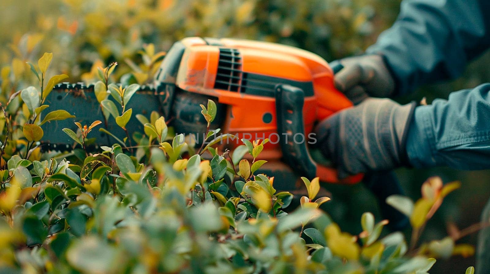 A gardener cuts bushes with an electric pruner. Selective focus. People.