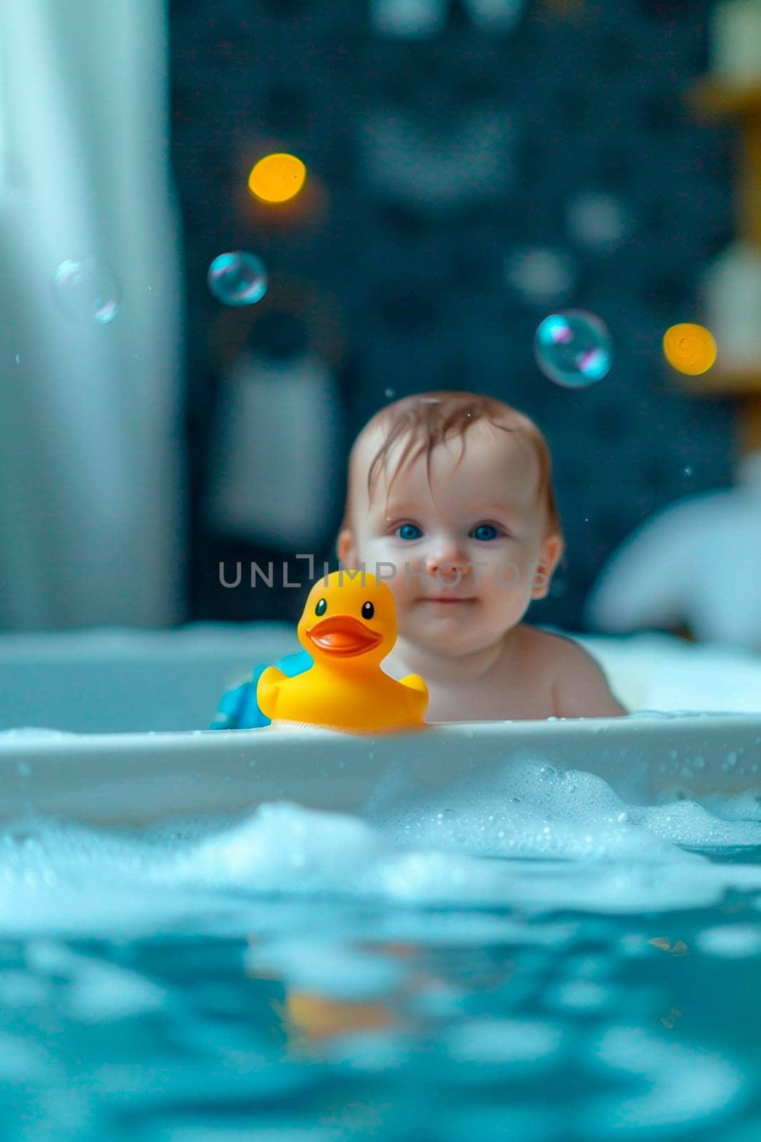 A child bathes in a bubble bath with a duck. Selective focus. Kid.