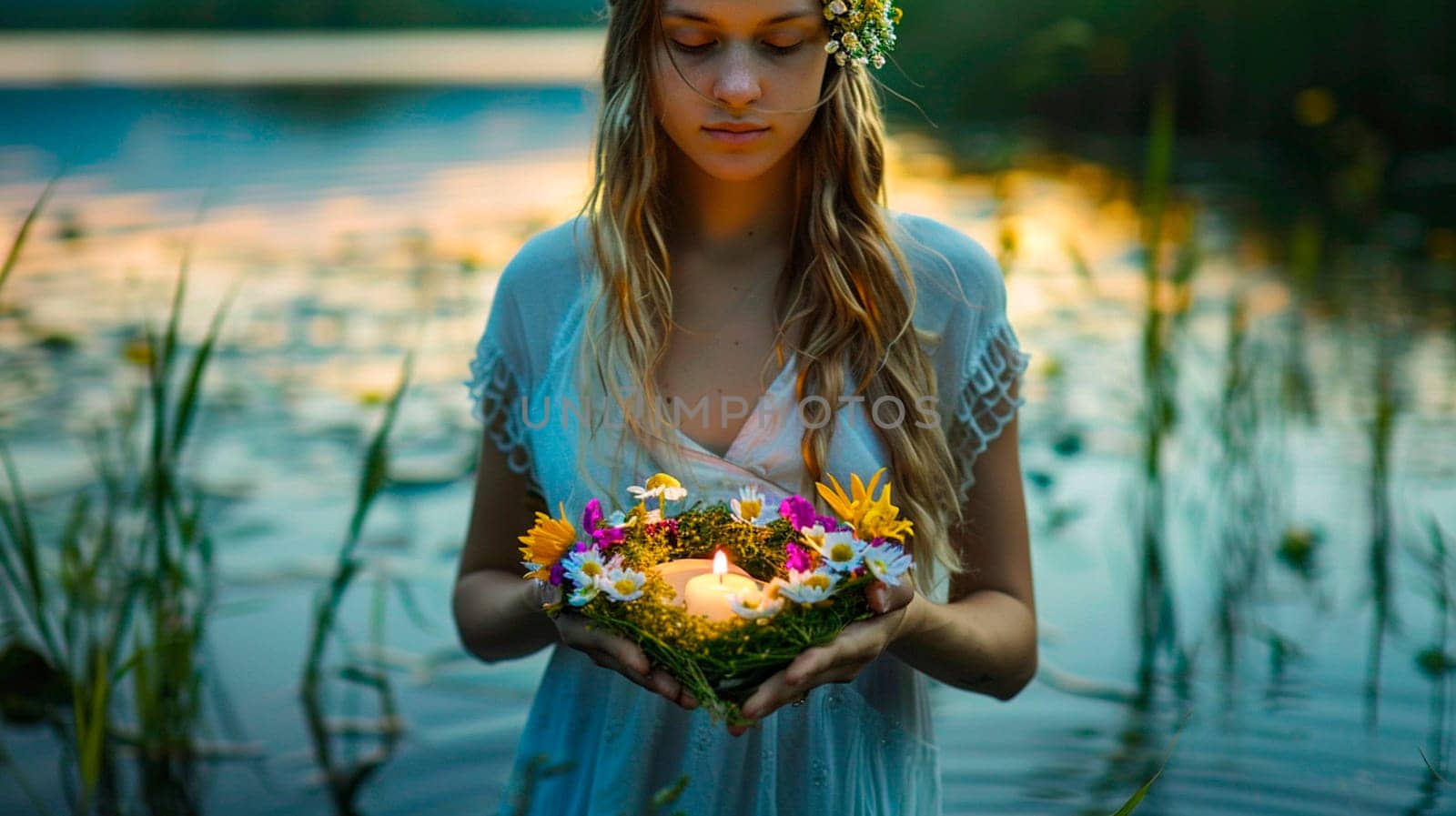 a young woman floats a wreath on Ivan Kupala. Selective focus. by yanadjana