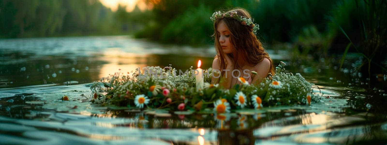a young woman floats a wreath on Ivan Kupala. Selective focus. nature.